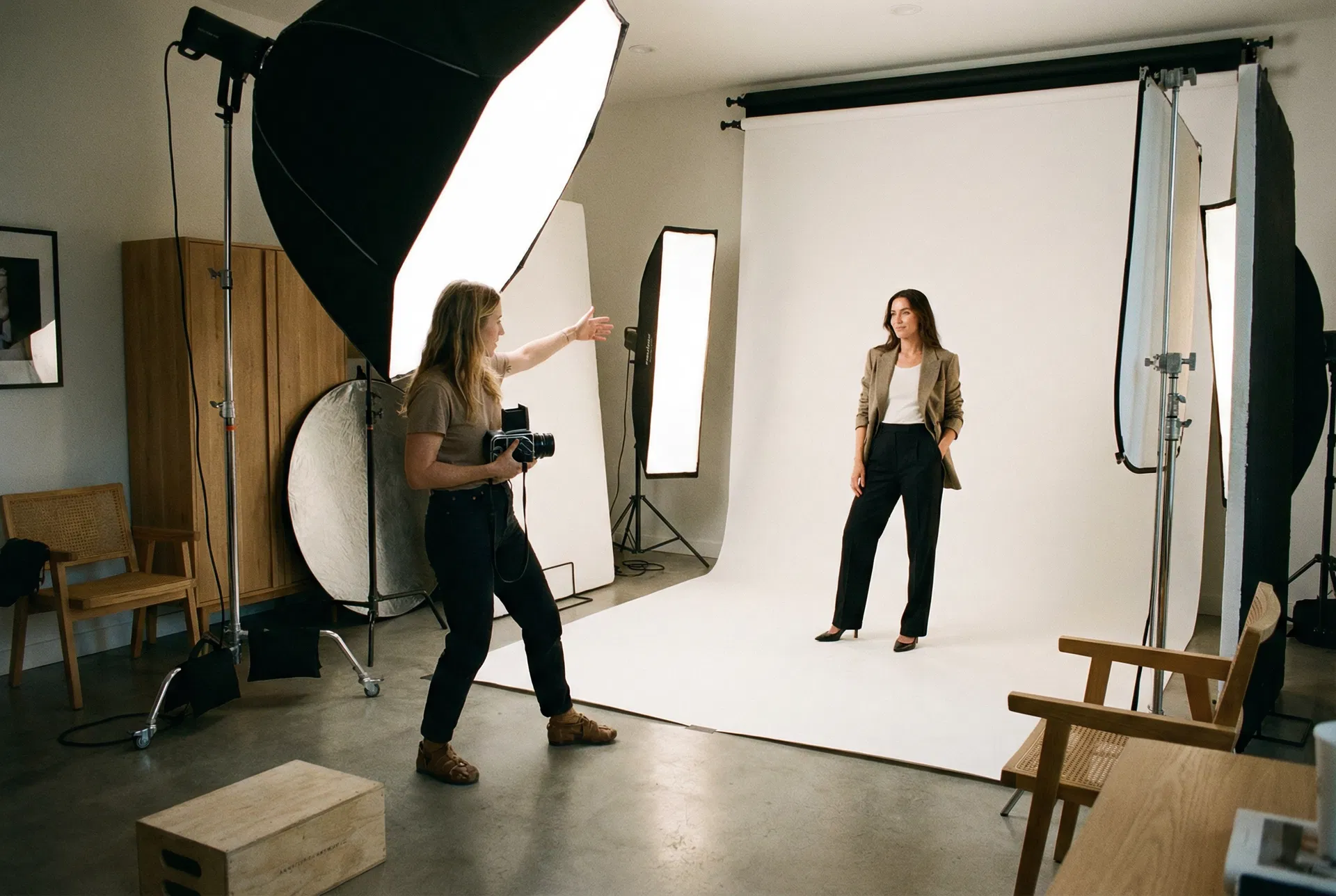 Photographer directing a model in a professional studio