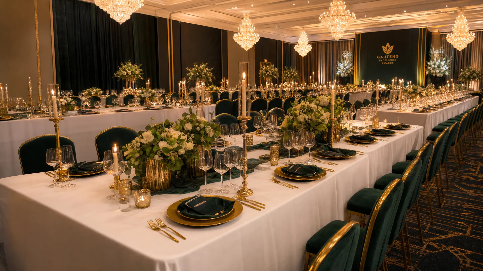 Elegant event banquet hall with white tablecloths