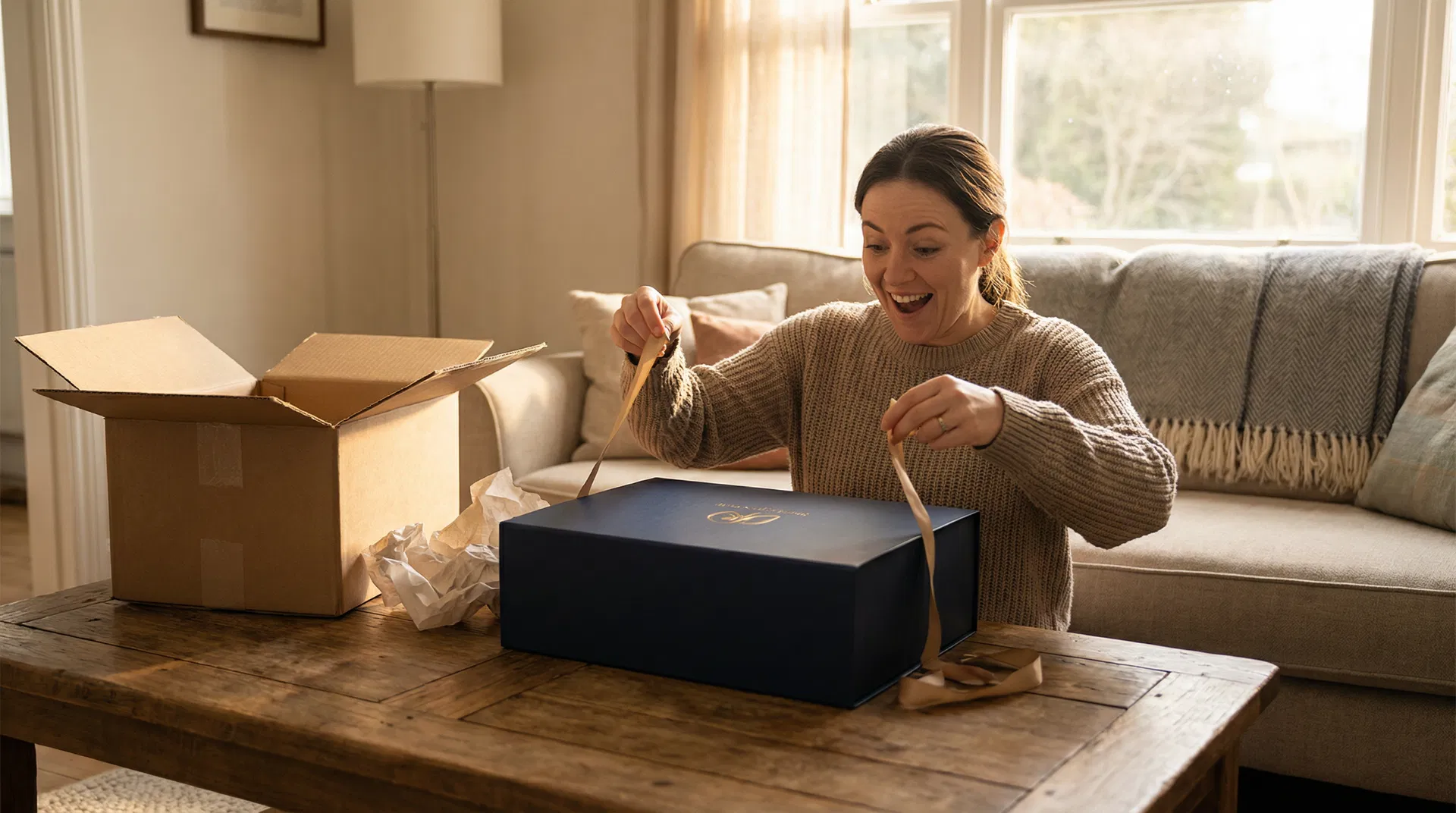 Glücklicher Gewinner beim Auspacken seines Geschenks