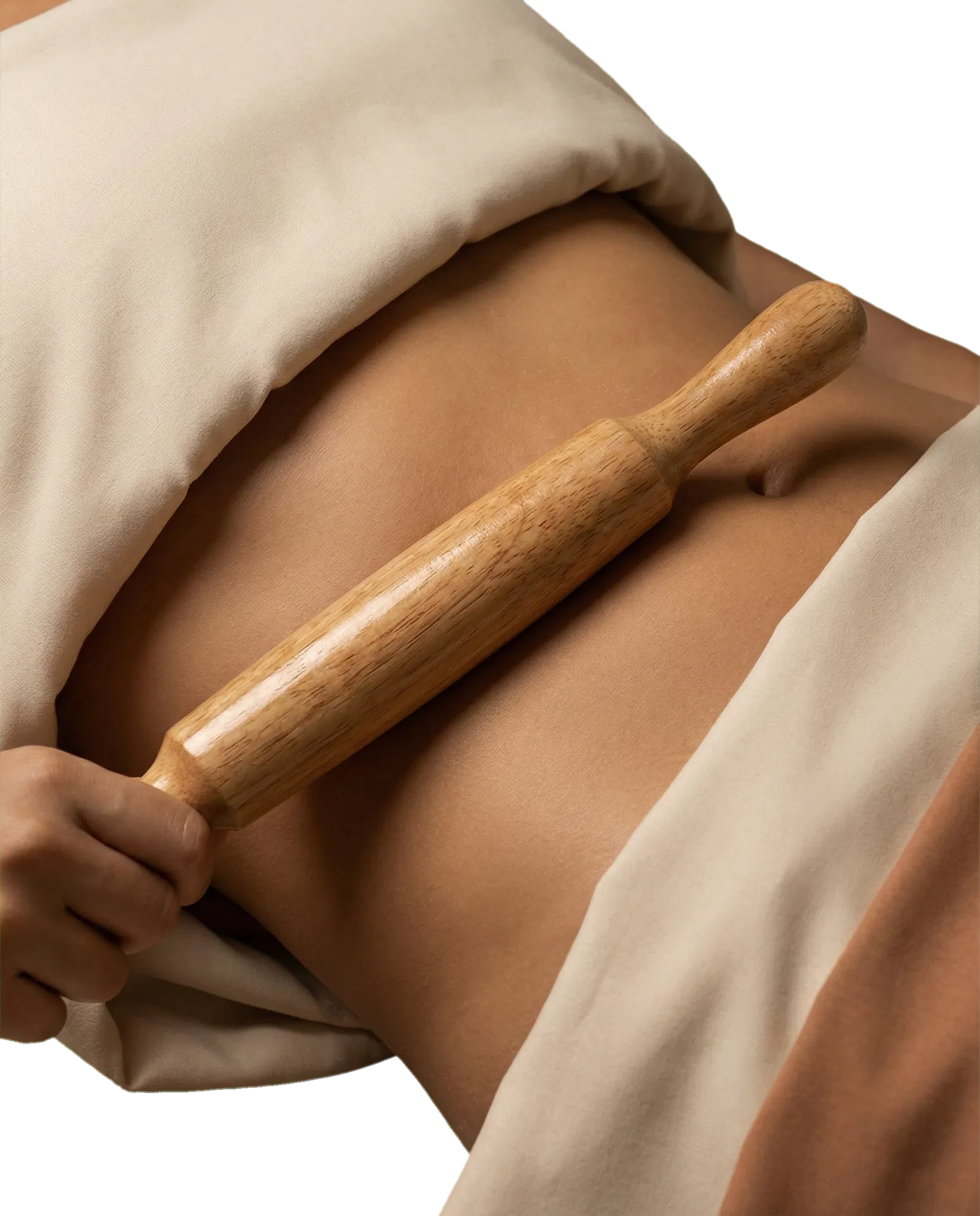 Close-up body contour ritual using a wooden wood therapy tool
