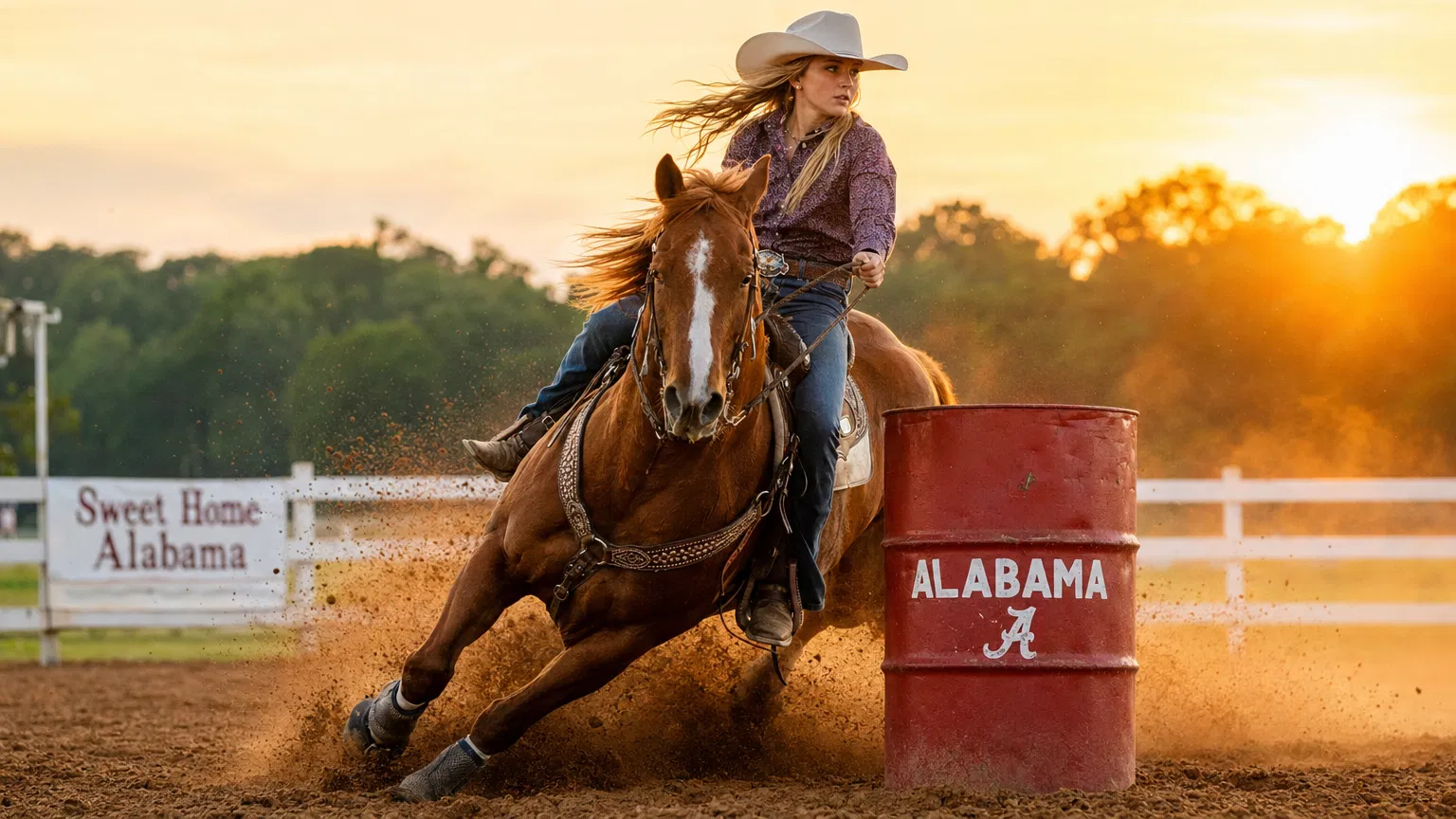 Barrel racing in golden light