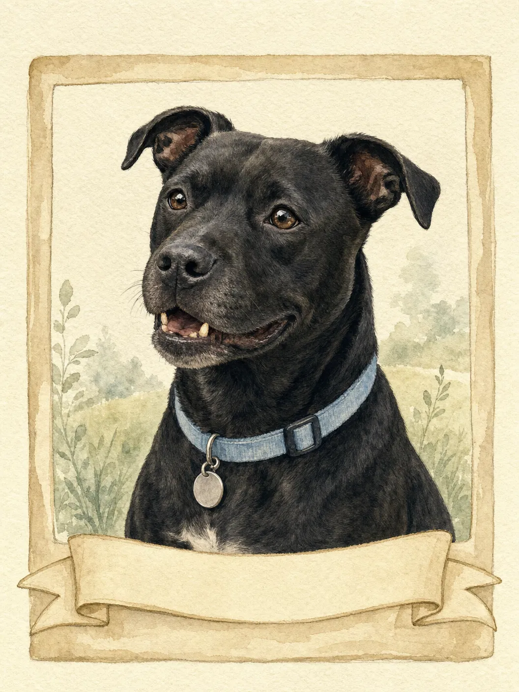 Watercolor portrait of Bub the dog