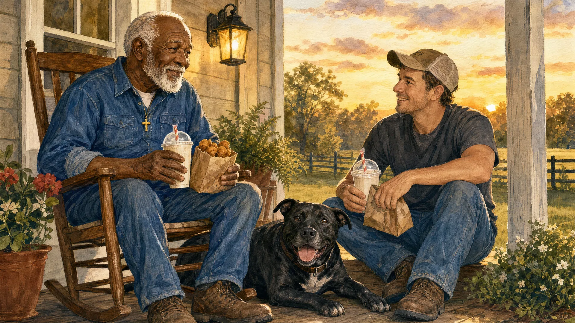 Mr. Wiseman, Daddy Bub, and Bubby on the porch with chicken nuggets and milkshakes
