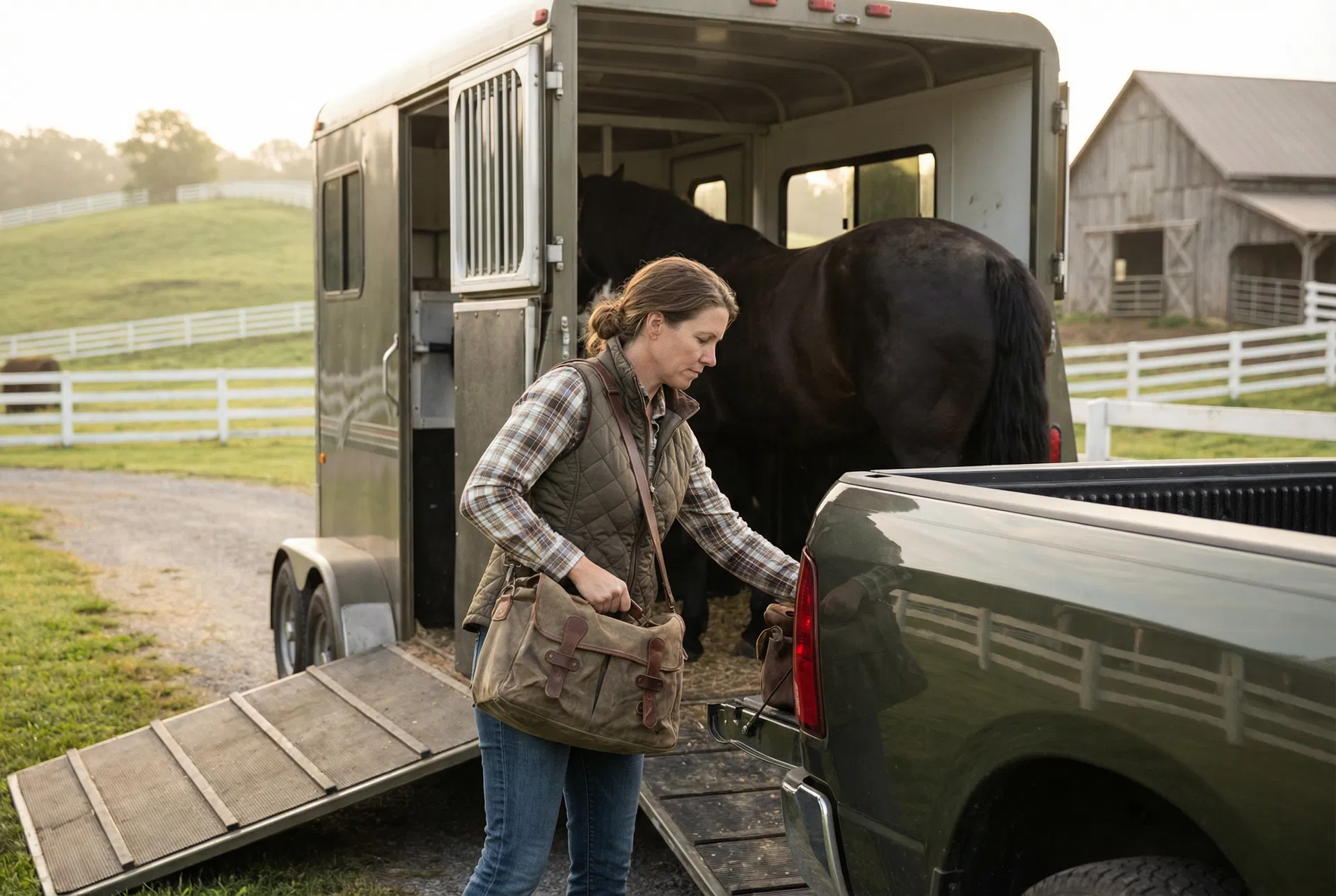 Equestrian loading gear into trailer