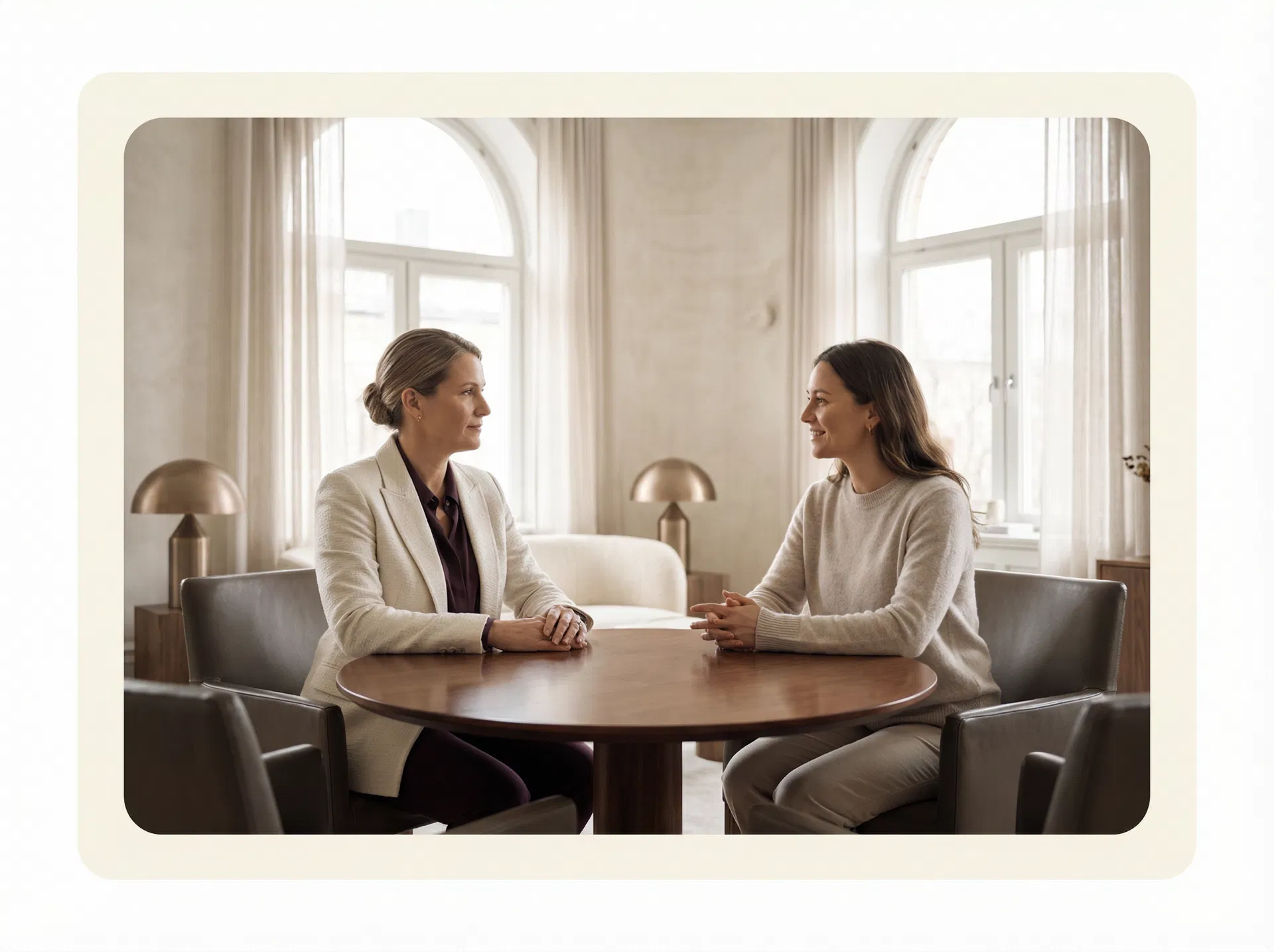 A calm divorce consultation conversation in a private office setting.