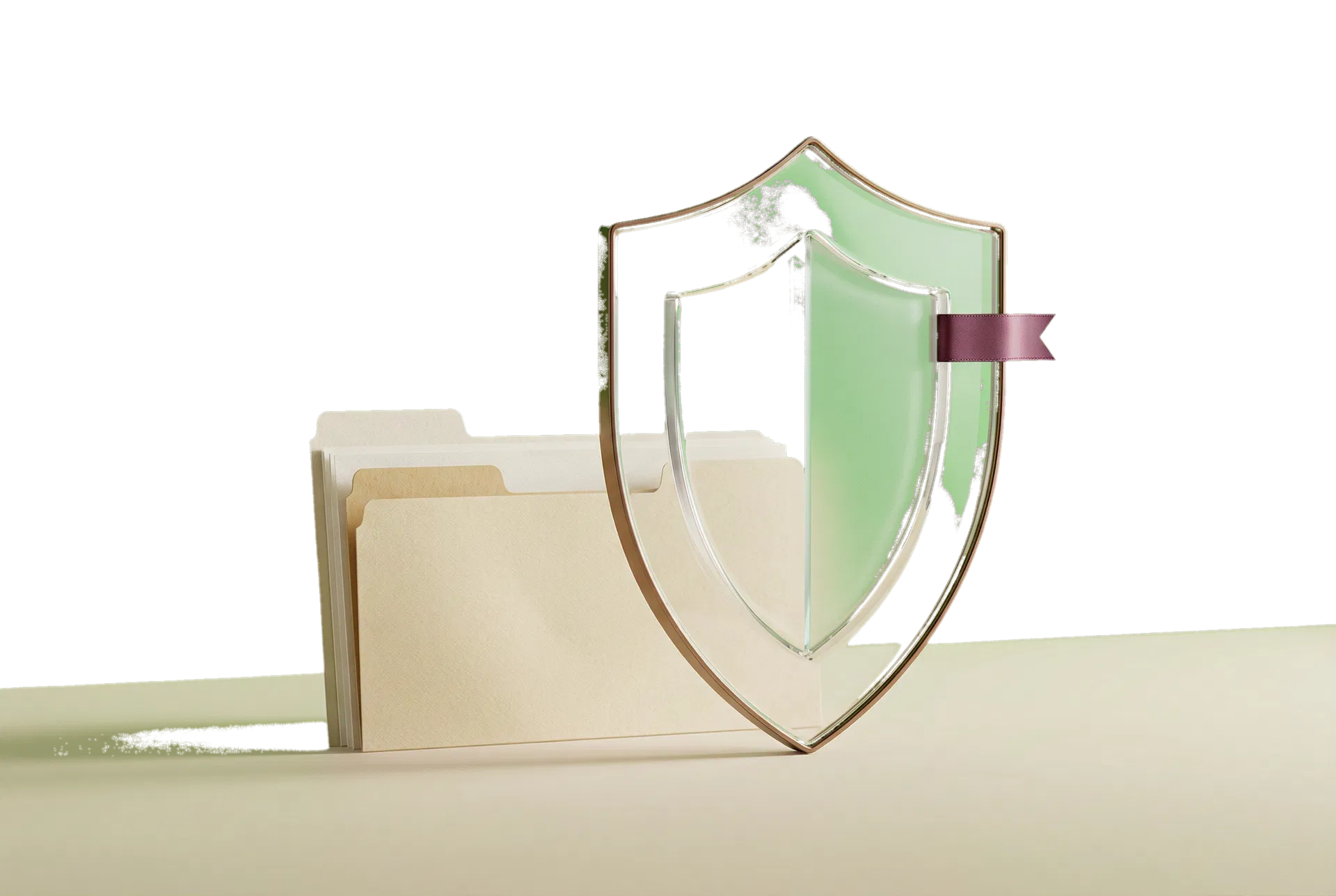 Abstract brand-security shield beside structured filing cards in ivory, bronze, and plum tones.