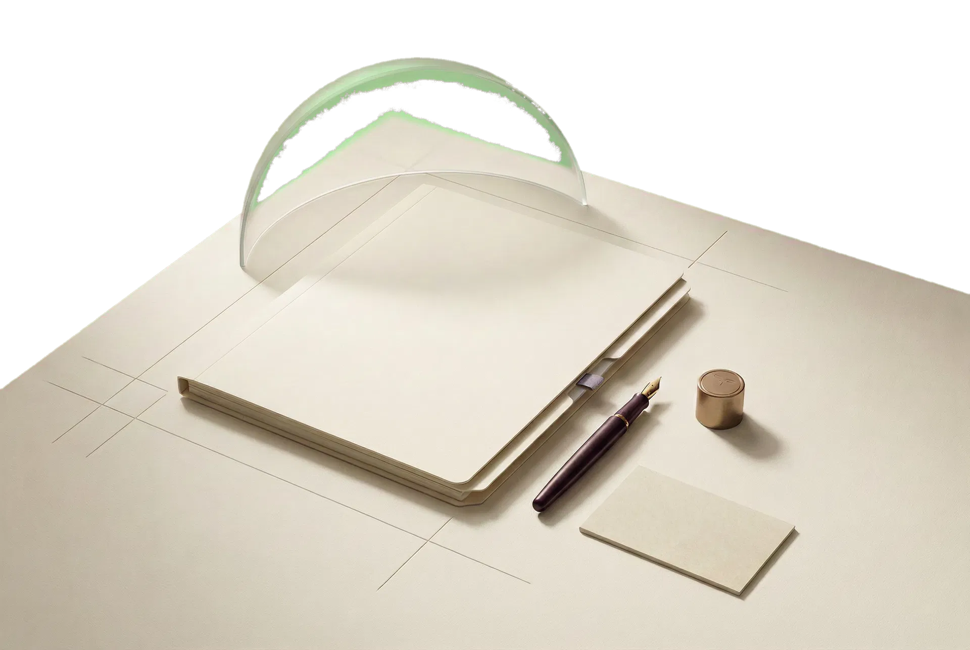 Editorial trademark protection still life with filing documents, a plum pen, and a protective glass arch.