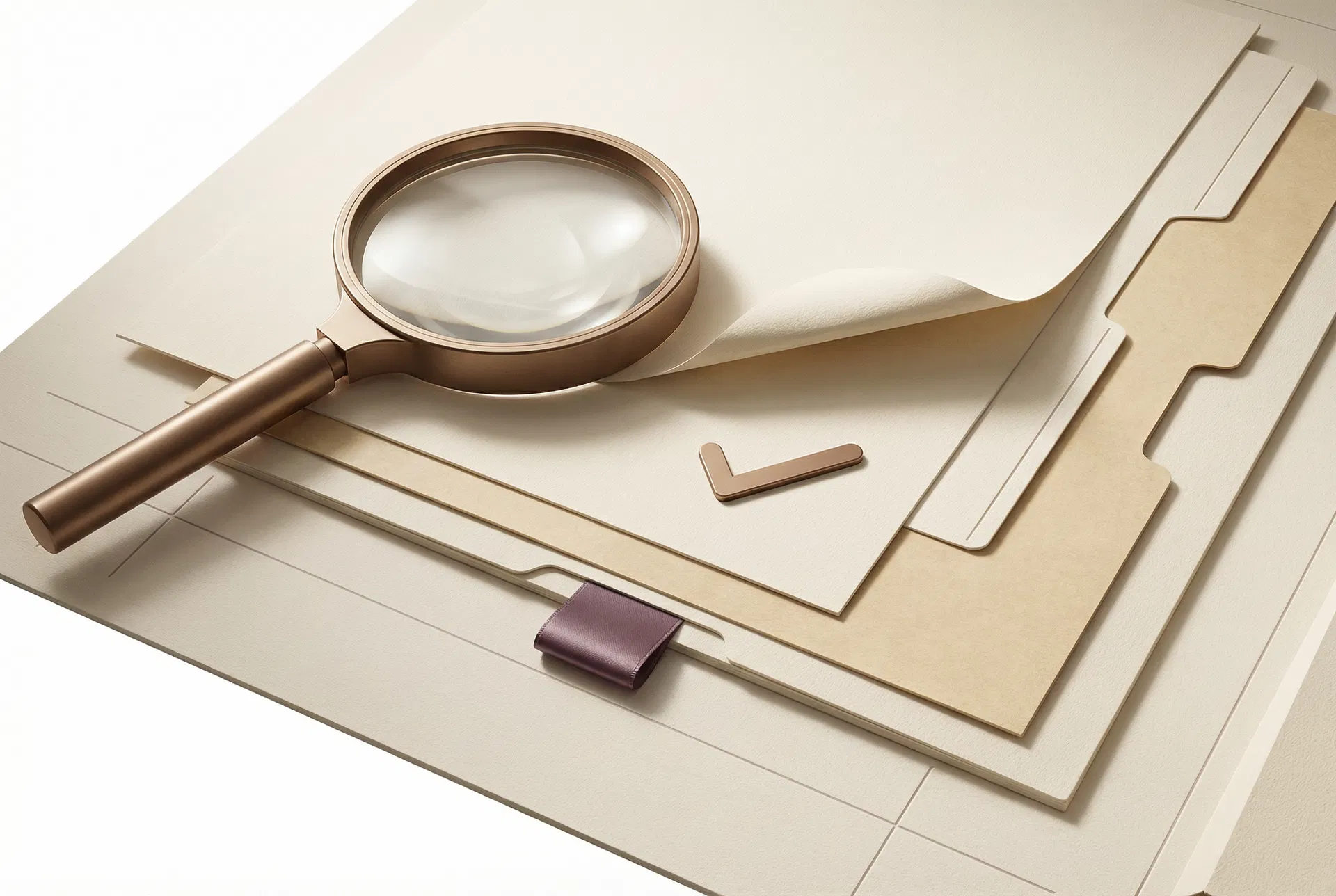 Minimal editorial composition of layered trademark filing documents with a magnifying glass and bronze check detail.