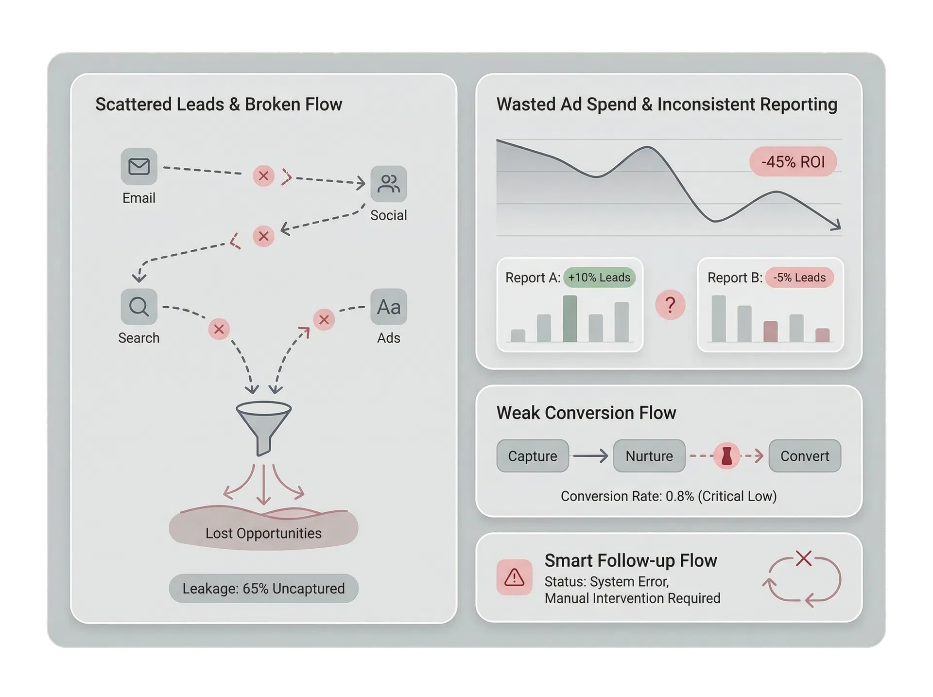Chart-inspired diagram showing lead leakage and weak conversion flow