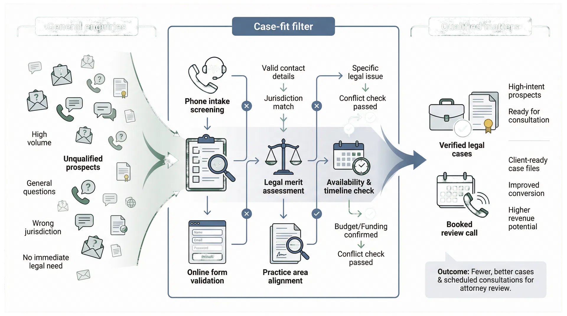 Editorial explainer graphic showing general enquiries being filtered into qualified legal matters and booked case reviews.