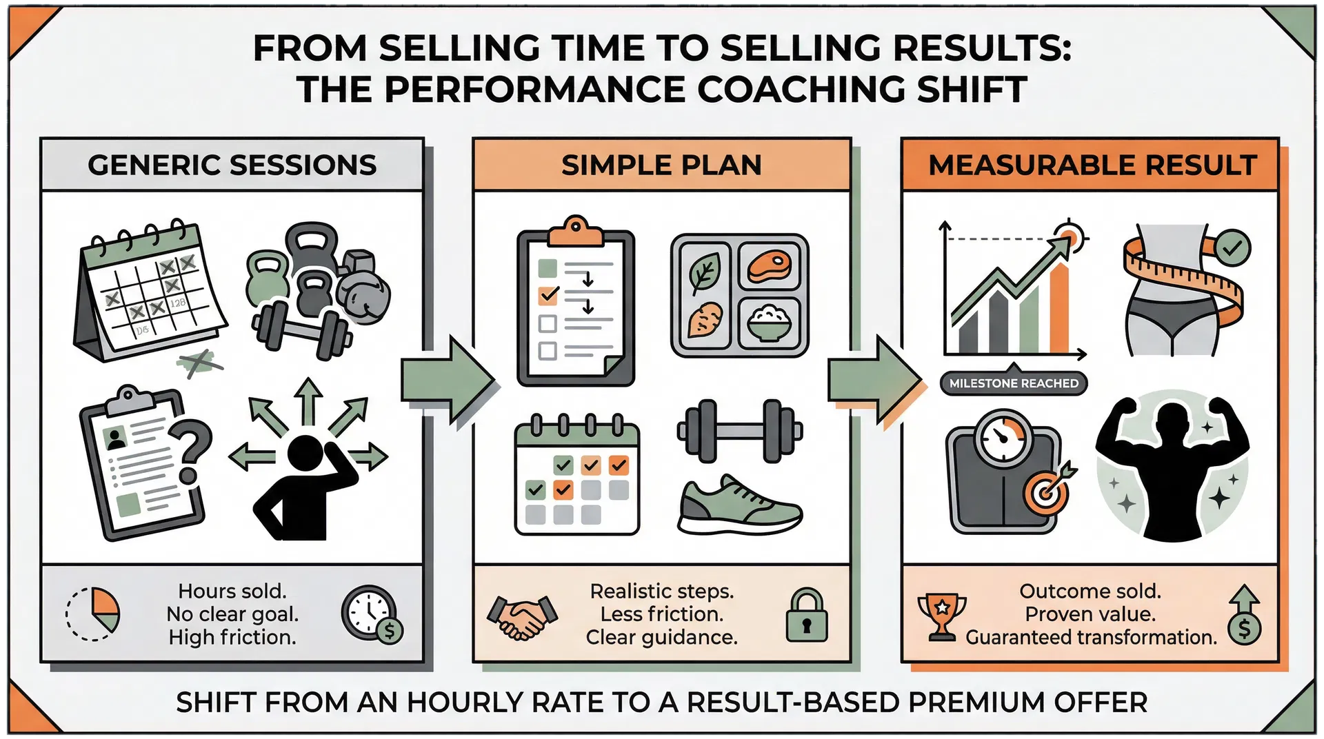 Performance coaching infographic showing the shift from generic sessions to a simple plan and a measurable client result.