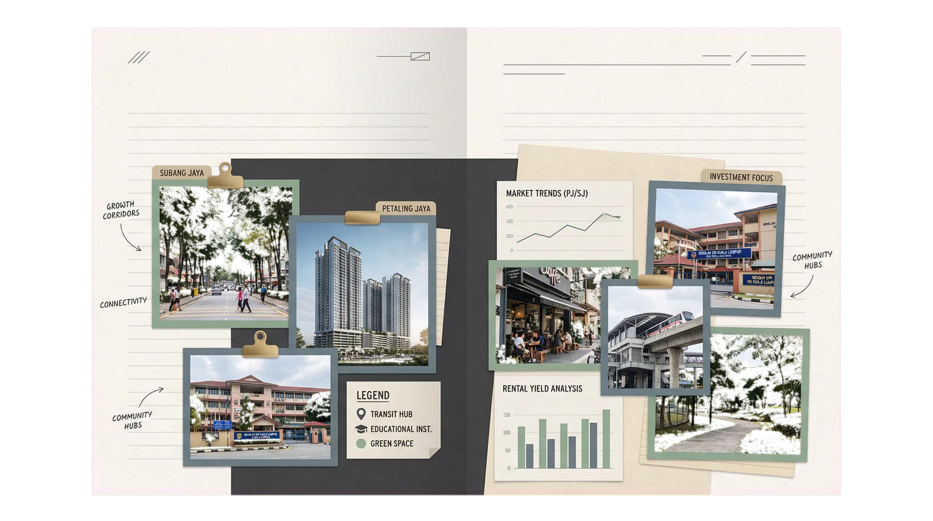 District notes and journal-style property market artwork