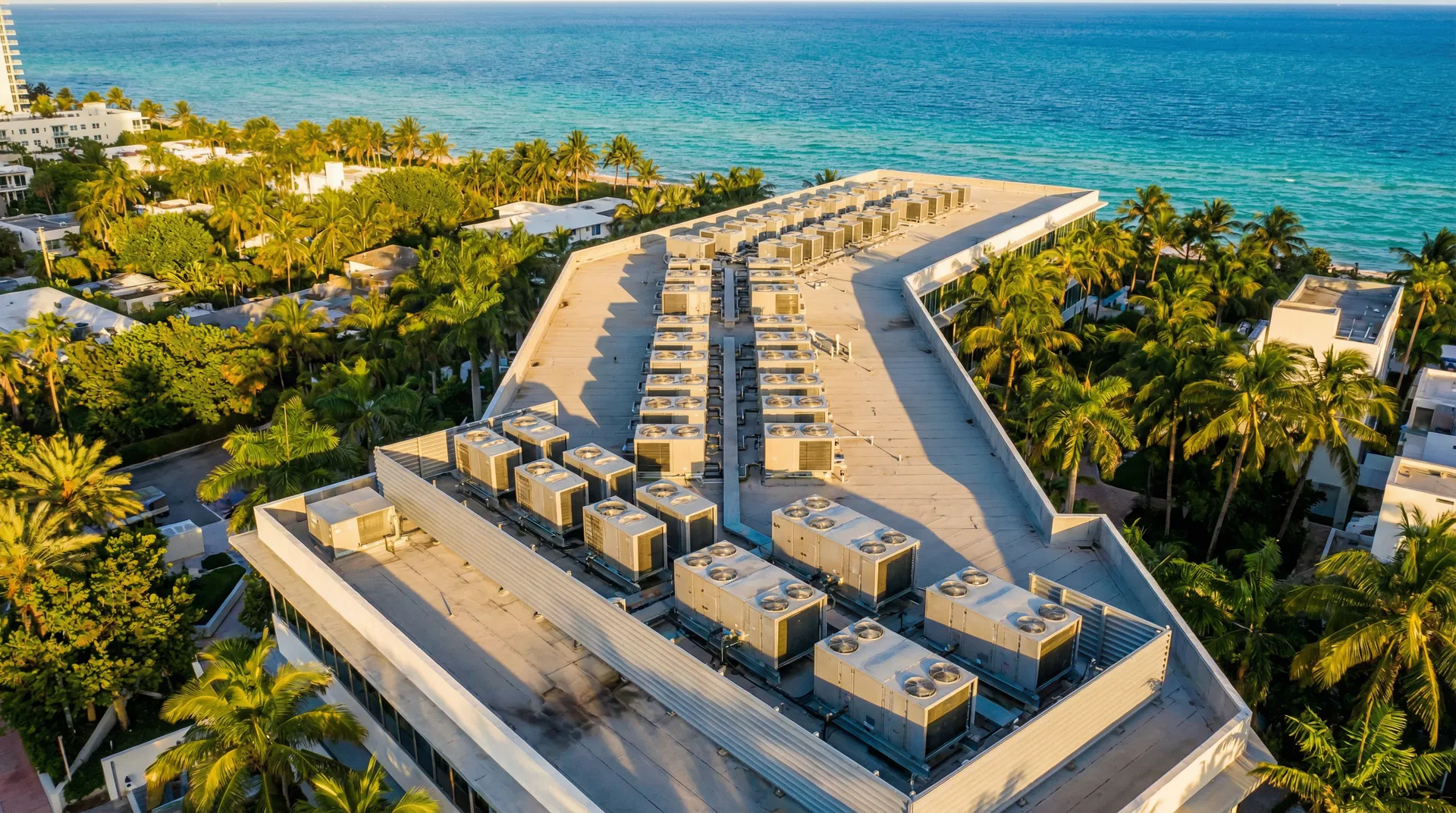 Vista aérea de unidades HVAC en edificio comercial de Miami