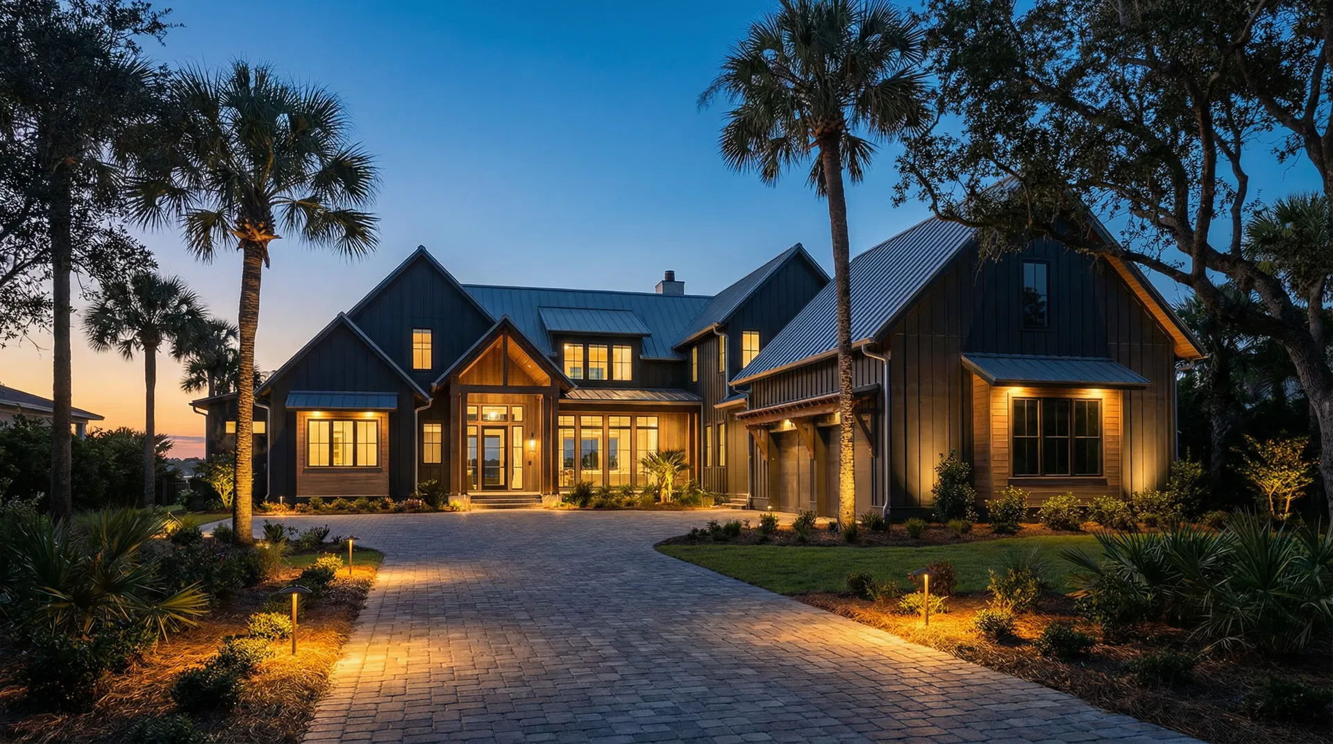 Luxury custom home exterior at dusk