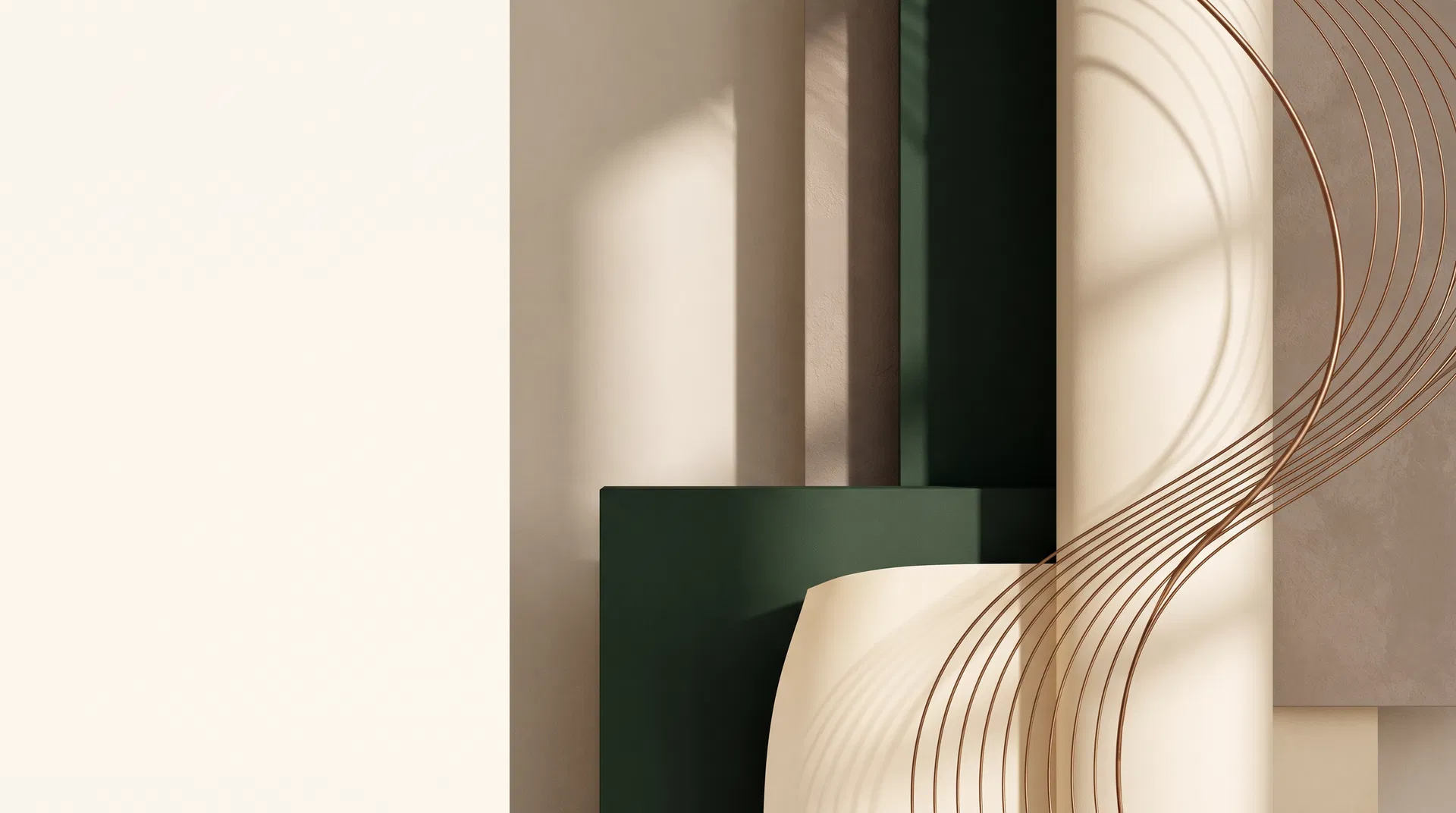 Abstract editorial brand visual in ivory, forest, and bronze tones