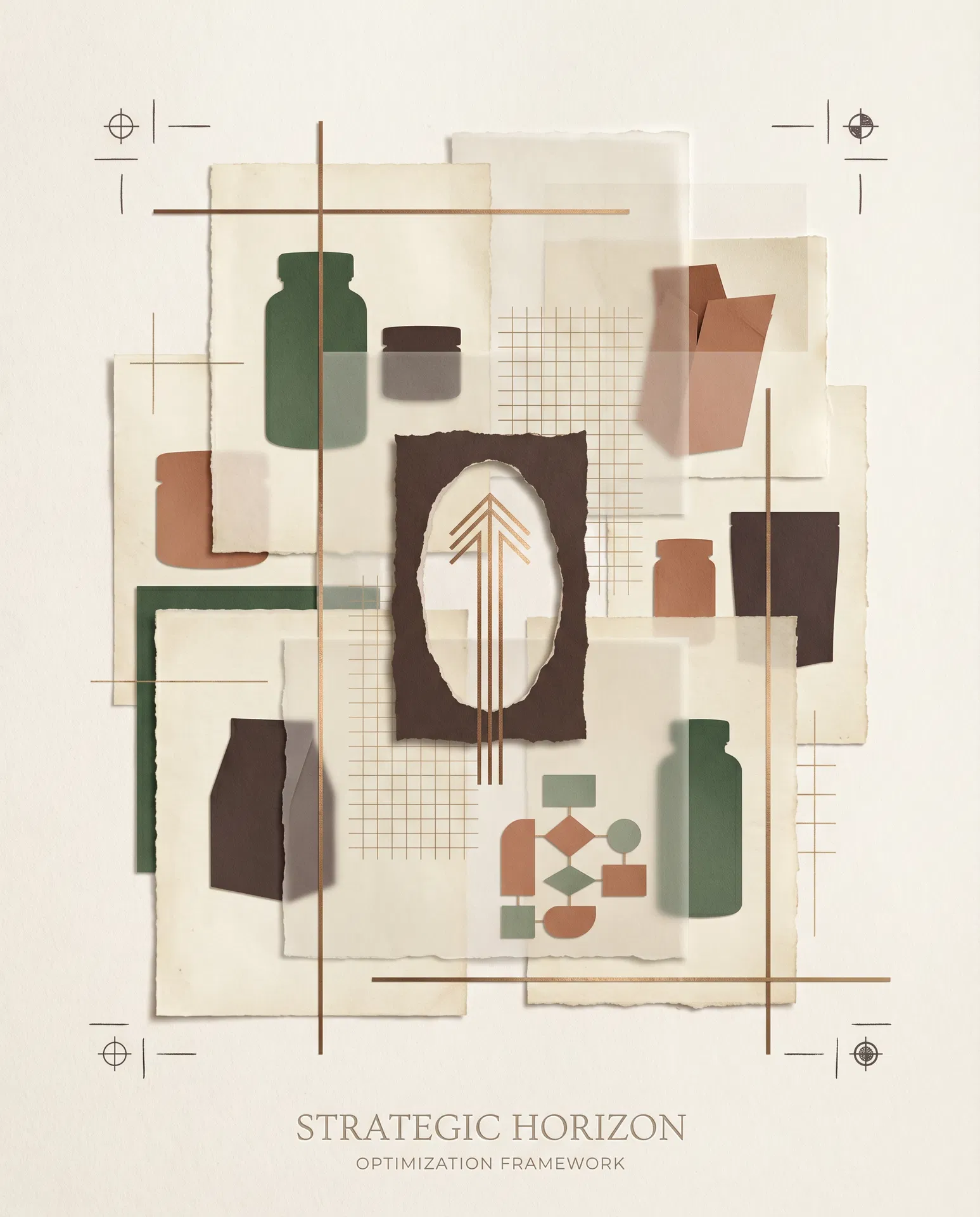 Editorial collage representing growth strategy and CPG brand positioning