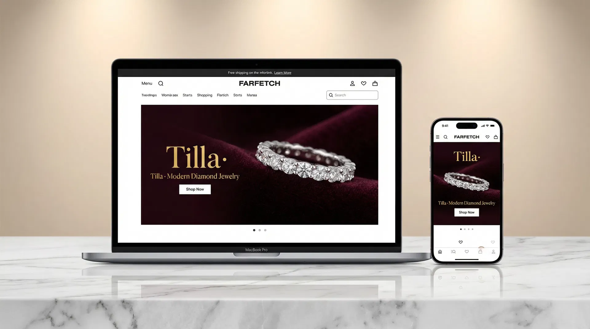 Tilla featured on Farfetch — laptop and mobile