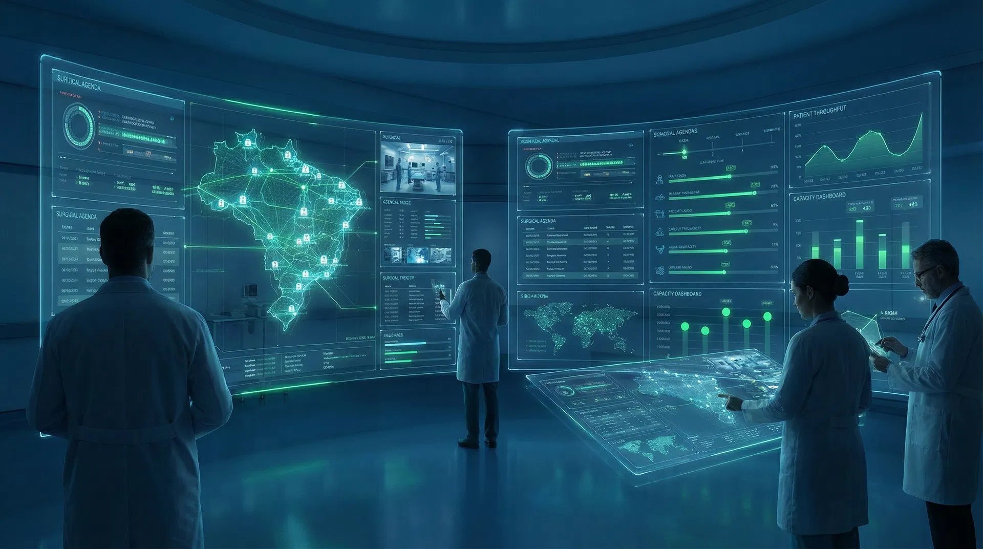 Ambiente de coordenação clínica e operacional com painéis de rede cirúrgica nacional
