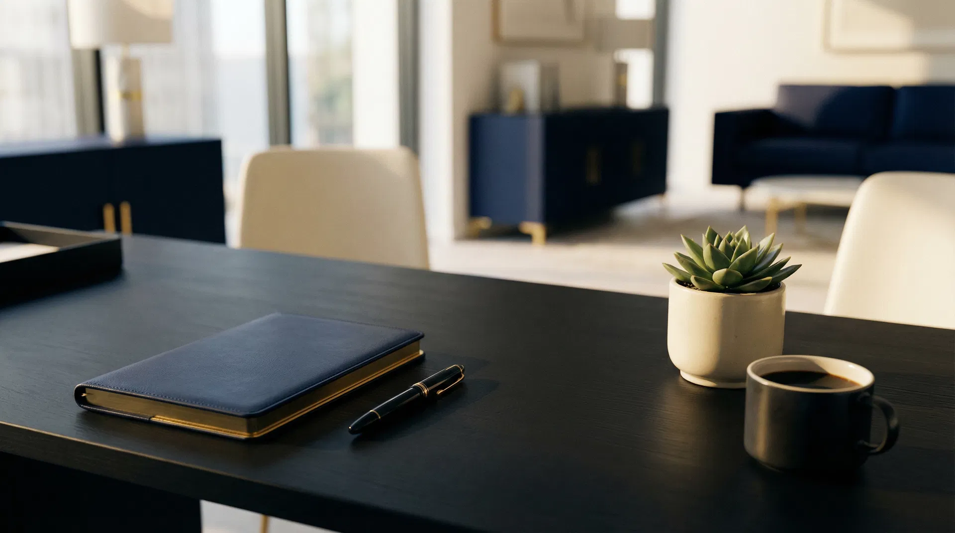 Mesa executiva organizada — representando controle e clareza nos negócios