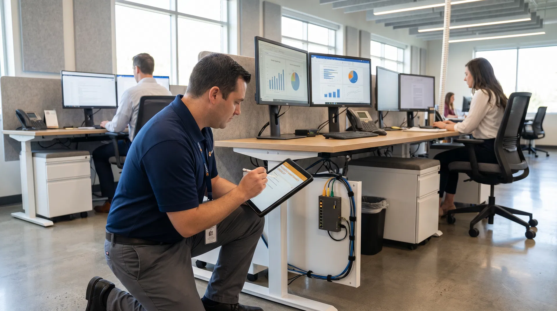 Technician performing preventive maintenance in a business office support environment