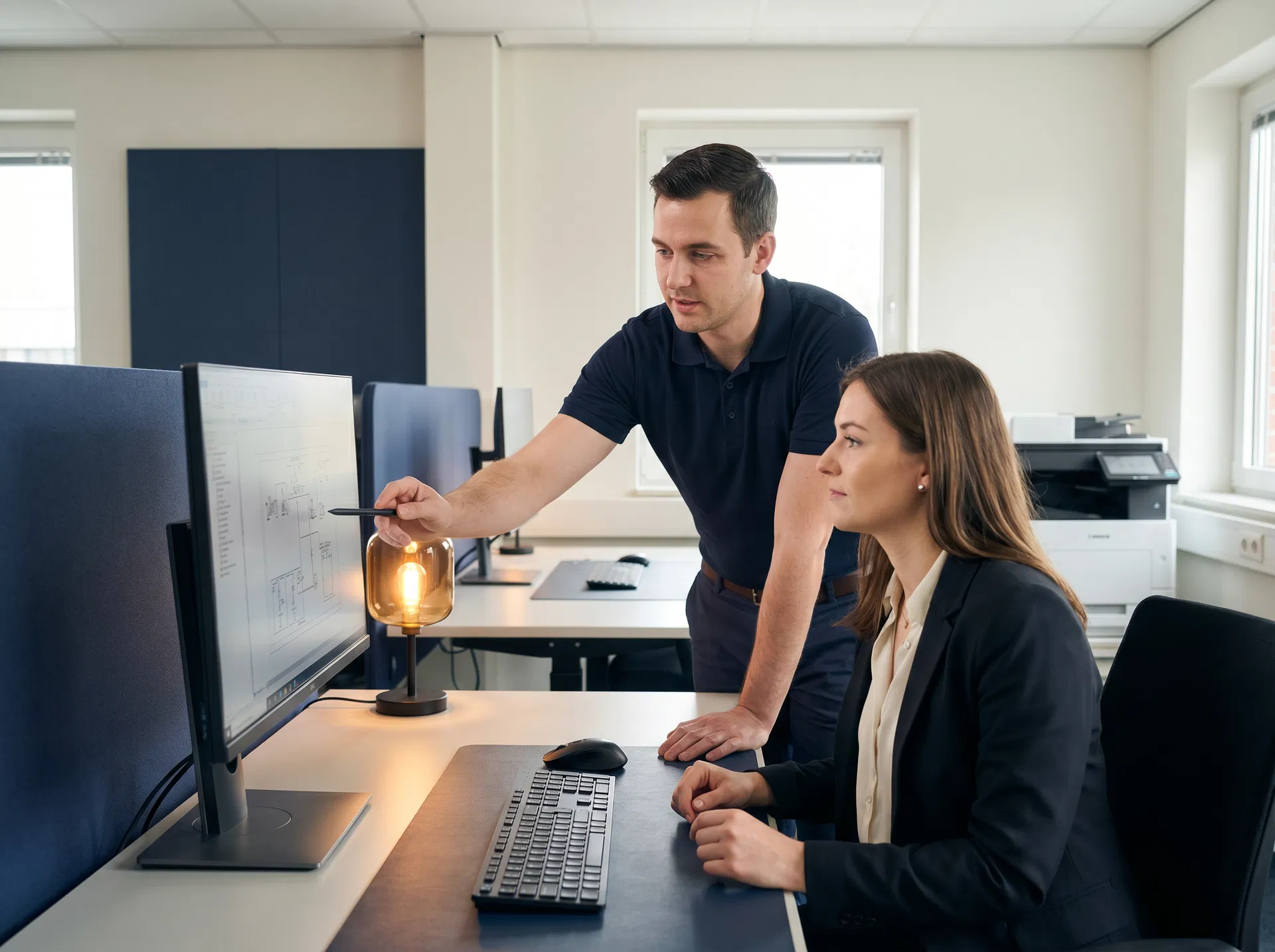 Technician assisting an employee with a desktop support issue in a business office environment.