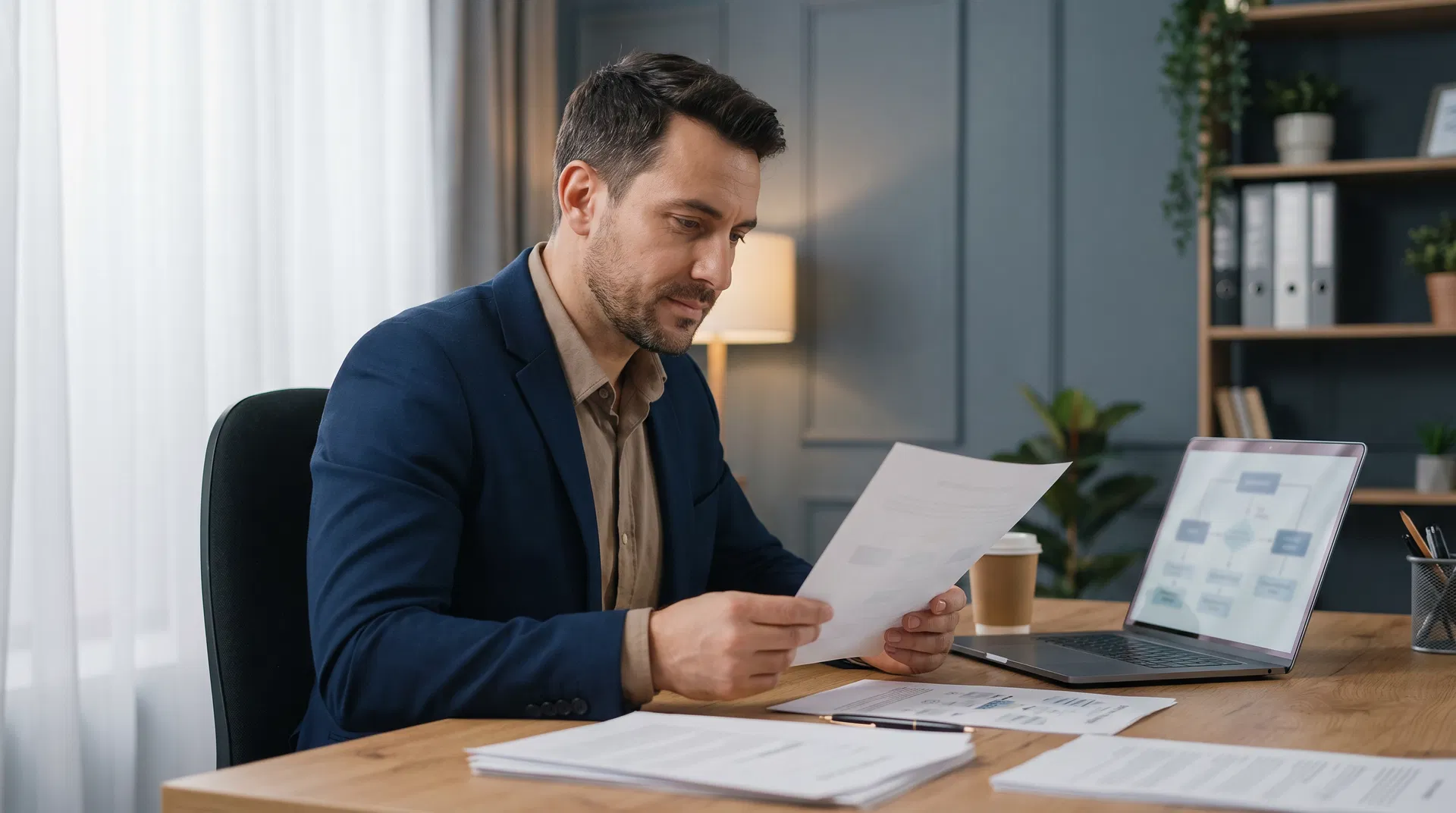 Business documentation and policy review in a professional office setting