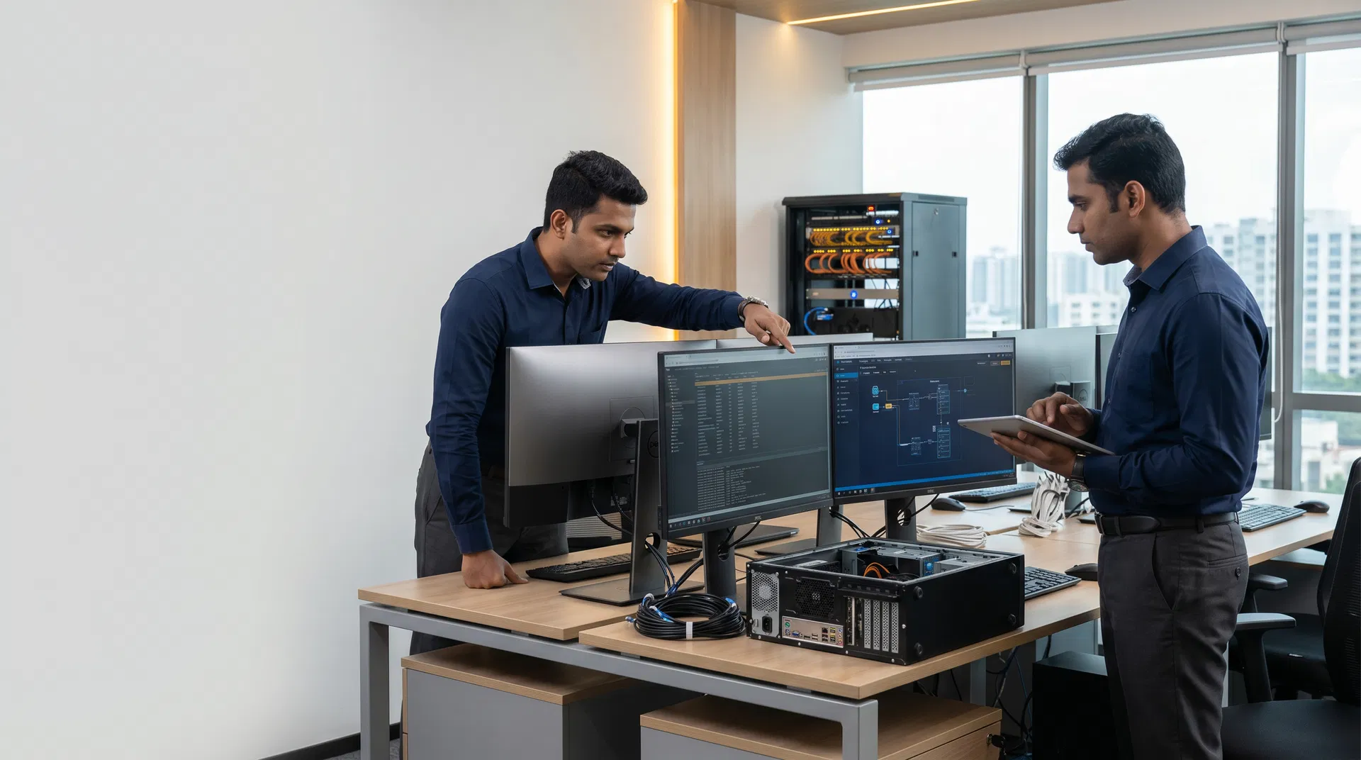 Business IT support team reviewing desktop systems and network equipment in a modern office environment.