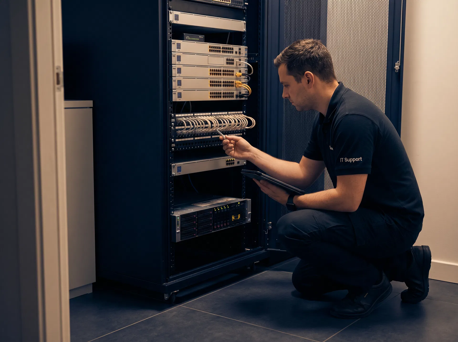 Technician inspecting organized network rack equipment in a business IT support environment.
