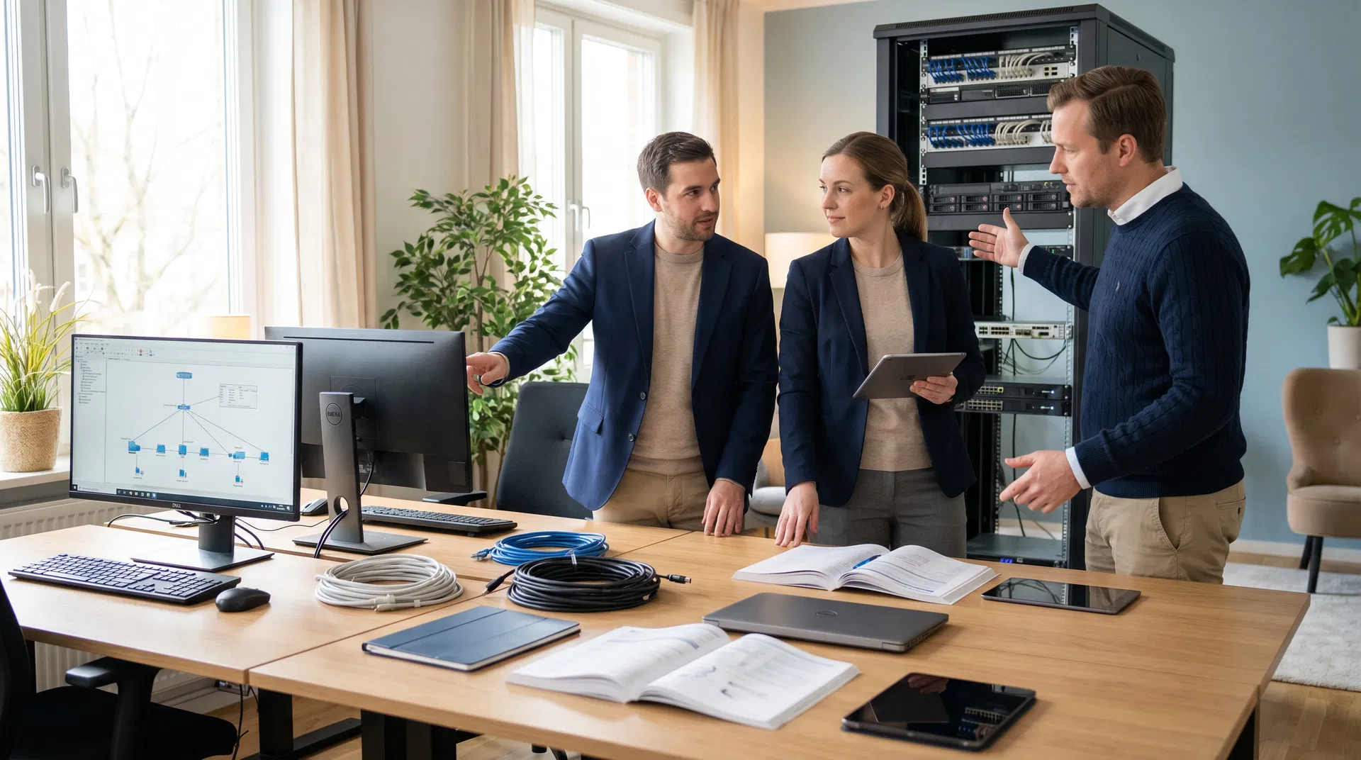 Professional business IT support team in an organized office environment