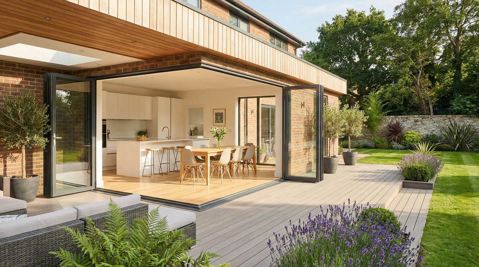 Slim-framed aluminium bi-fold doors fully open onto a garden in Lincolnshire, installed by Pilgrim uPVC Specialists — floor-to-ceiling glazing with anthracite grey frames