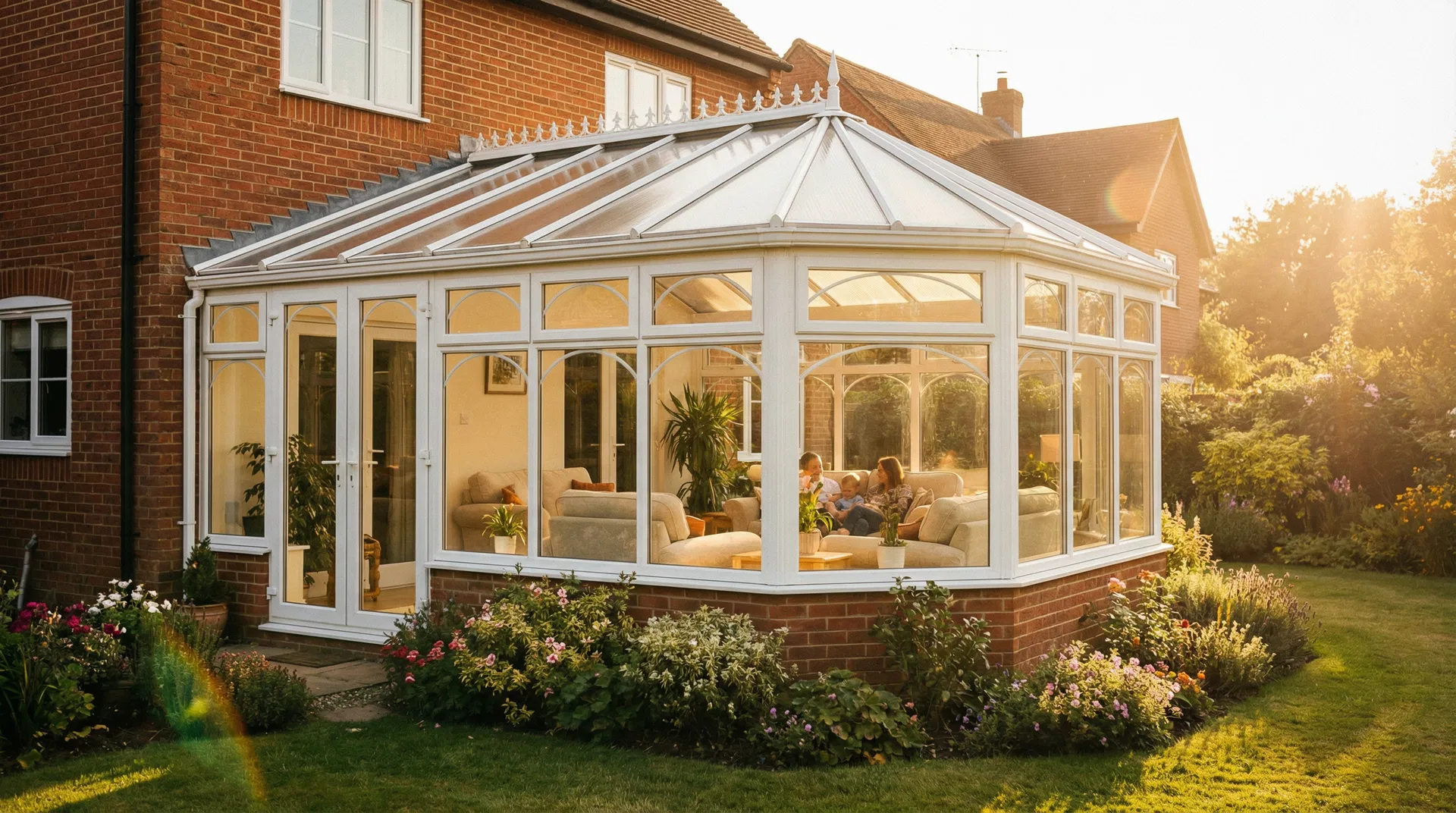 Elegant uPVC conservatory extension on a detached home in Lincolnshire, installed by Pilgrim uPVC Specialists, with full-height glazed panels and a polycarbonate or glass roof