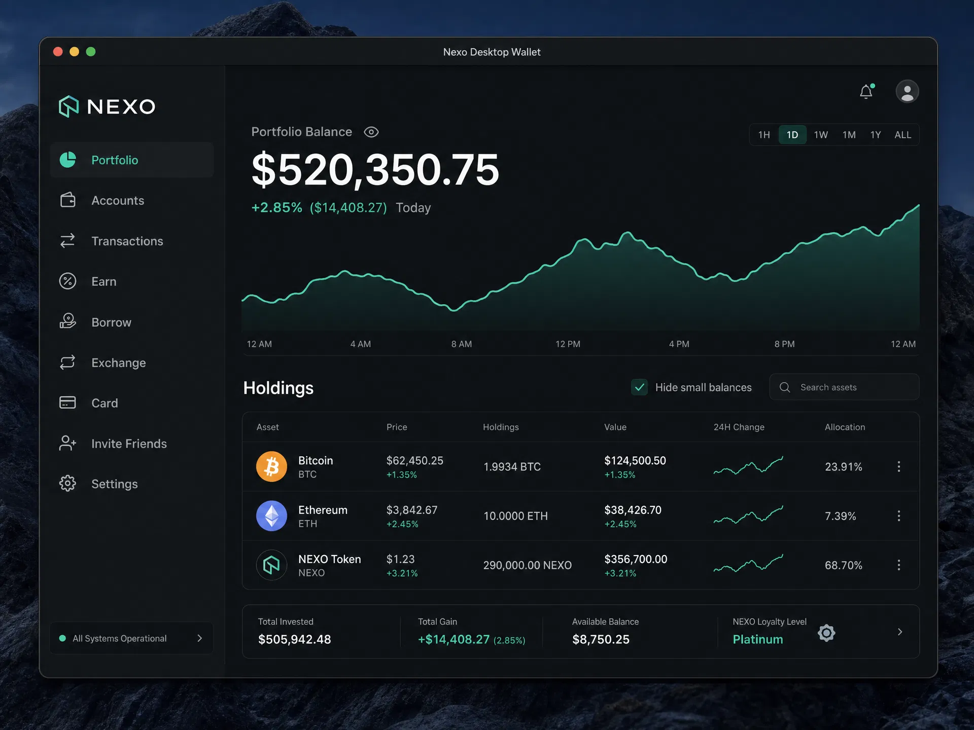 Nexo Desktop Wallet application showing portfolio balance of $520,350.75 with Bitcoin, Ethereum and NEXO token holdings