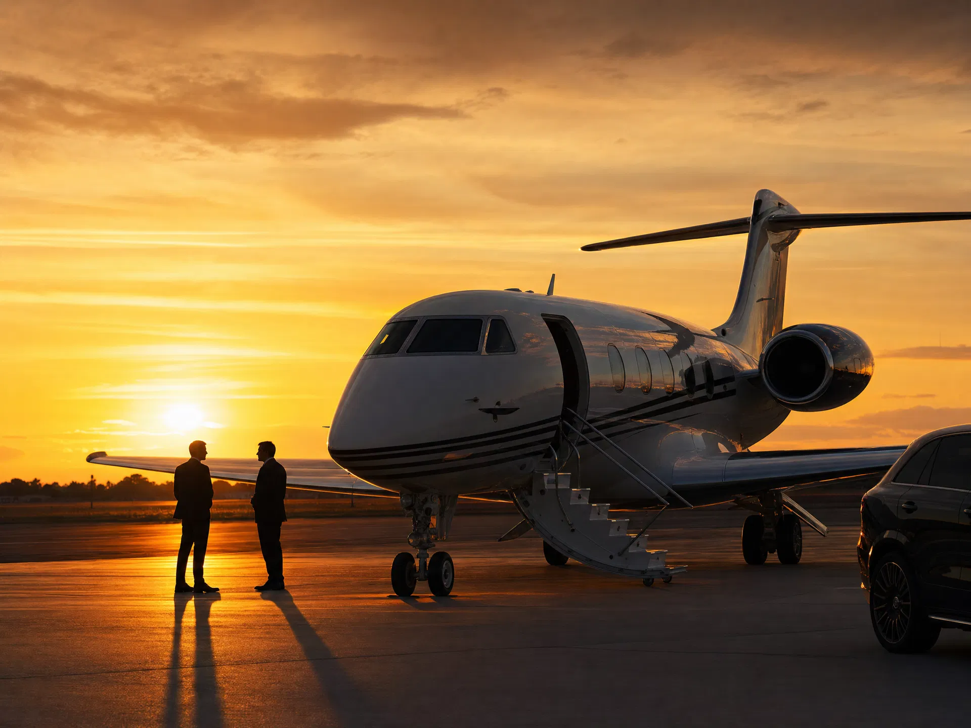 Private jet on tarmac at sunset representing exclusive Nexo Private client services
