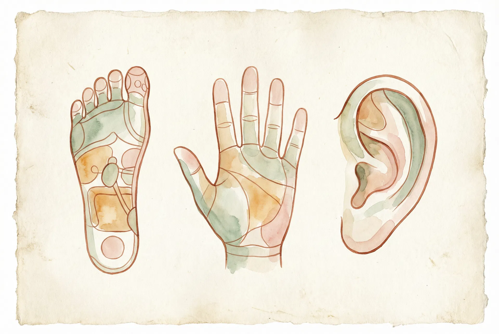 Foot, hand, and ear reflexology illustration