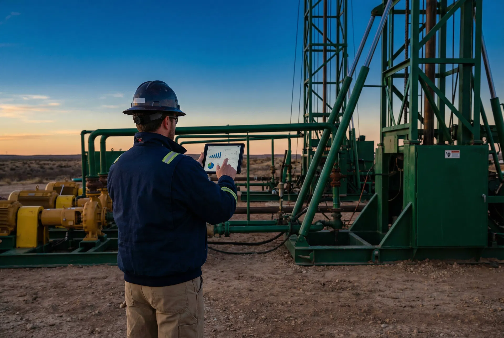 Maintenance consultant reviewing data at industrial site in West Texas