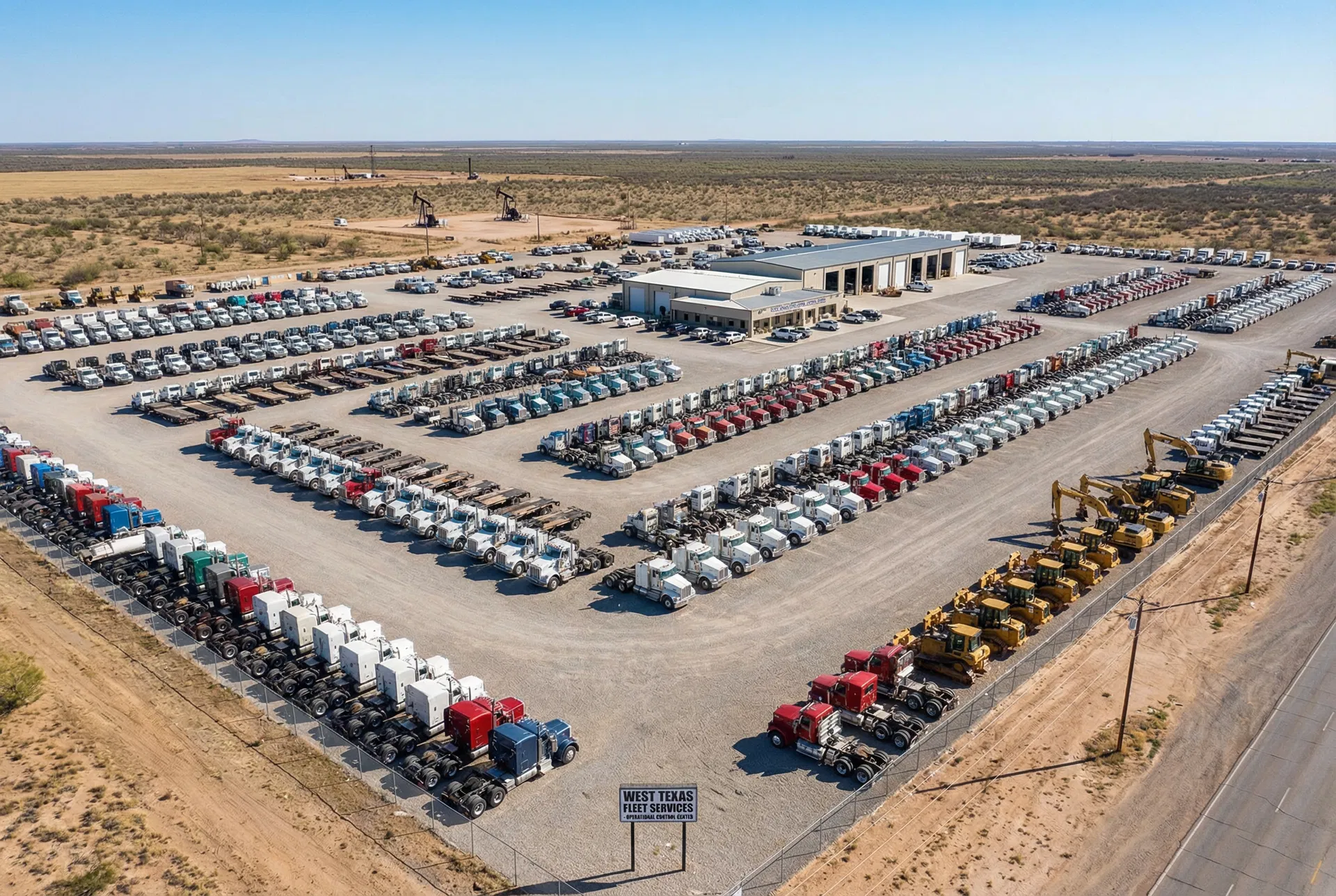 Aerial view of organized commercial fleet yard in West Texas