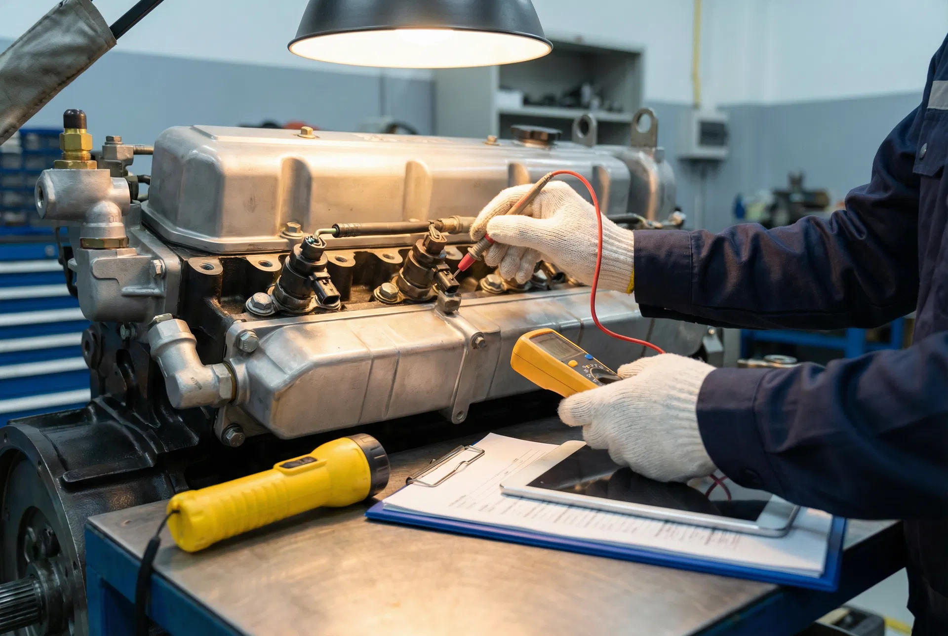 Preventive maintenance technician inspecting industrial engine