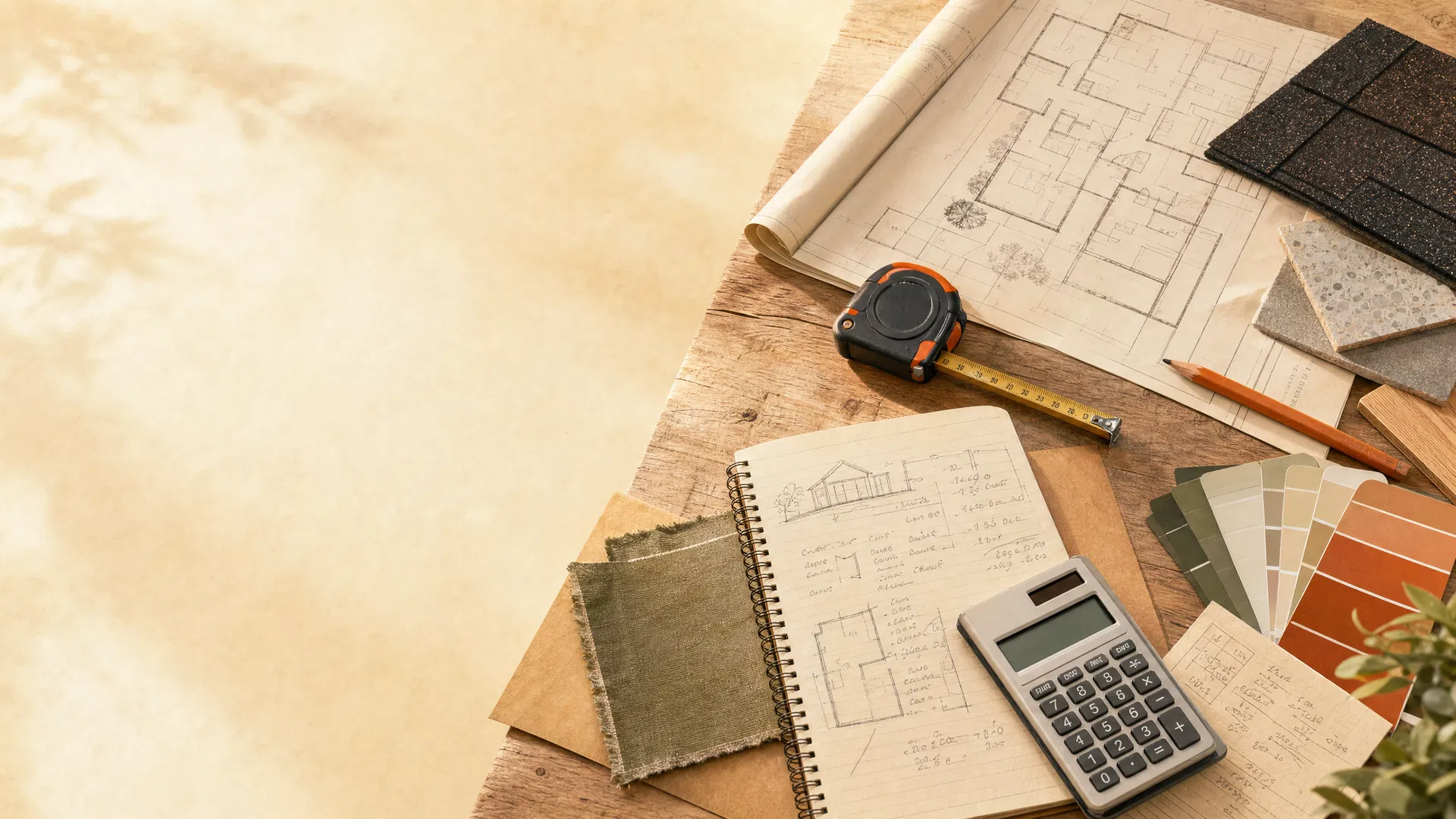 Contractor desk with renovation plans, swatches, and calculator