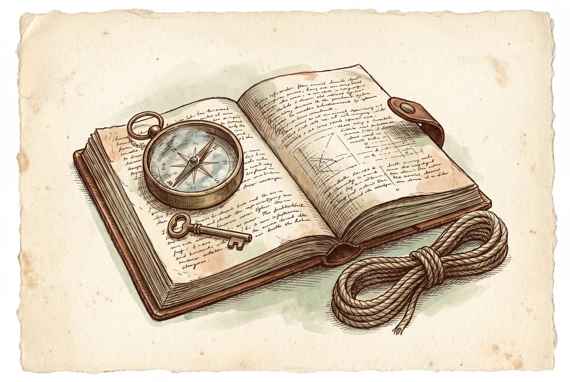 Hand-drawn watercolor frontispiece illustration: an open weathered ledger book with handwritten notes, a brass compass, a skeleton key, and a coil of hemp rope arranged on aged cream paper — the cover image of the Crypto Recovery Hub field manual.