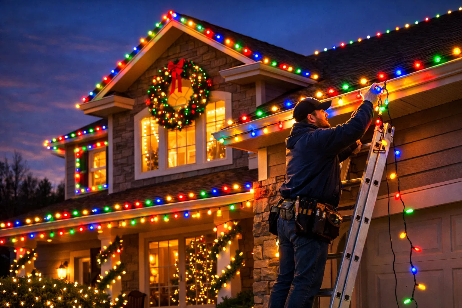 Professional holiday lights installation on residential home