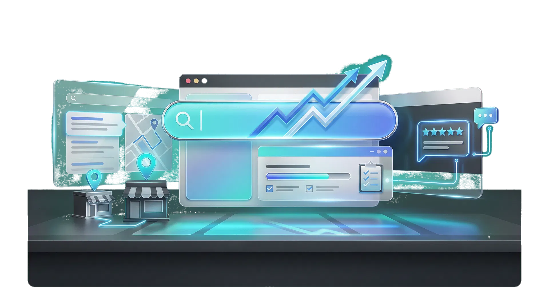 Visualization of local SEO optimization, reviews, and lead growth