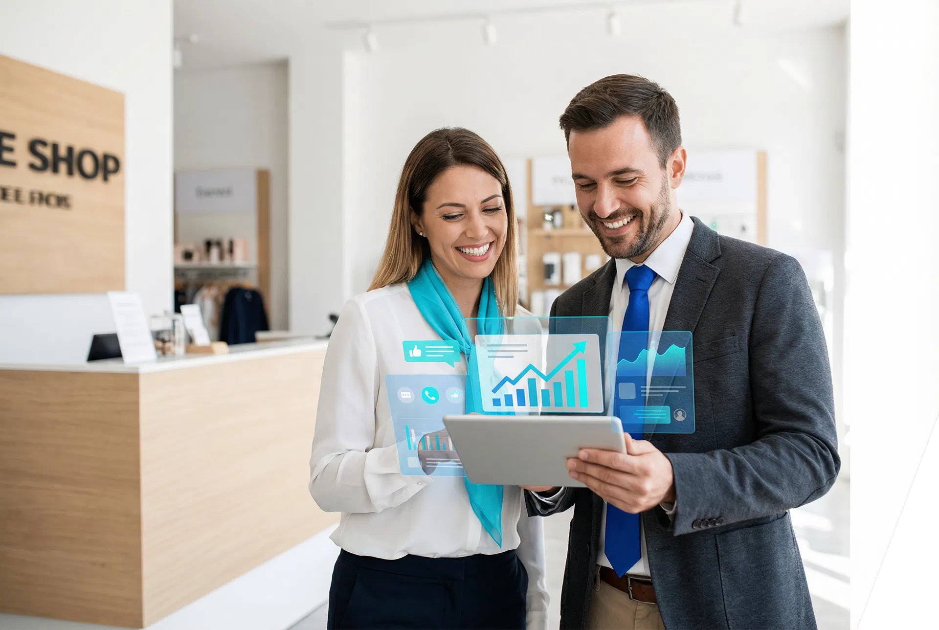 Business owners reviewing growth results on a tablet