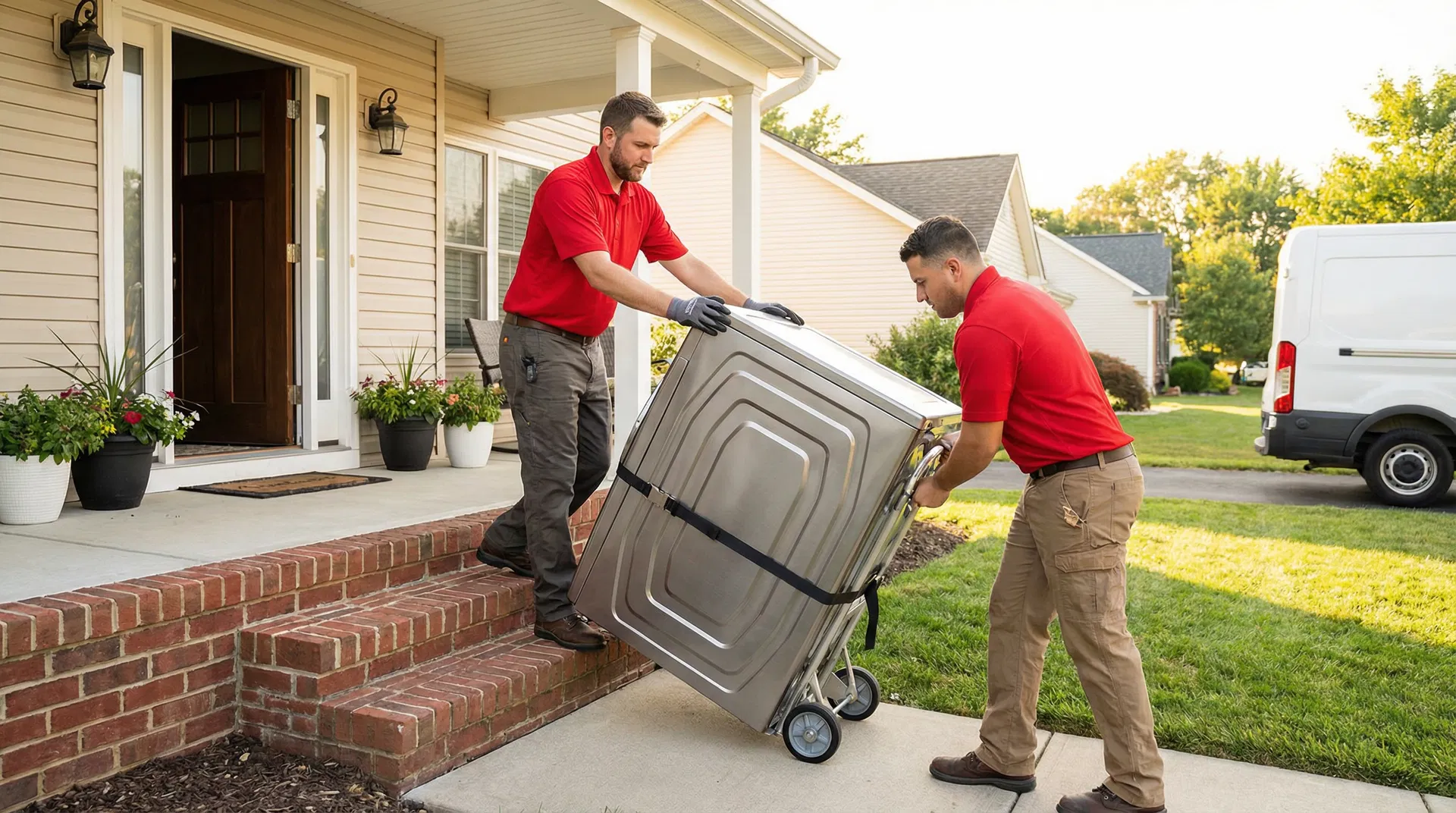 SMS Appliances professional delivery team delivering a new washing machine to a home in Western Canada