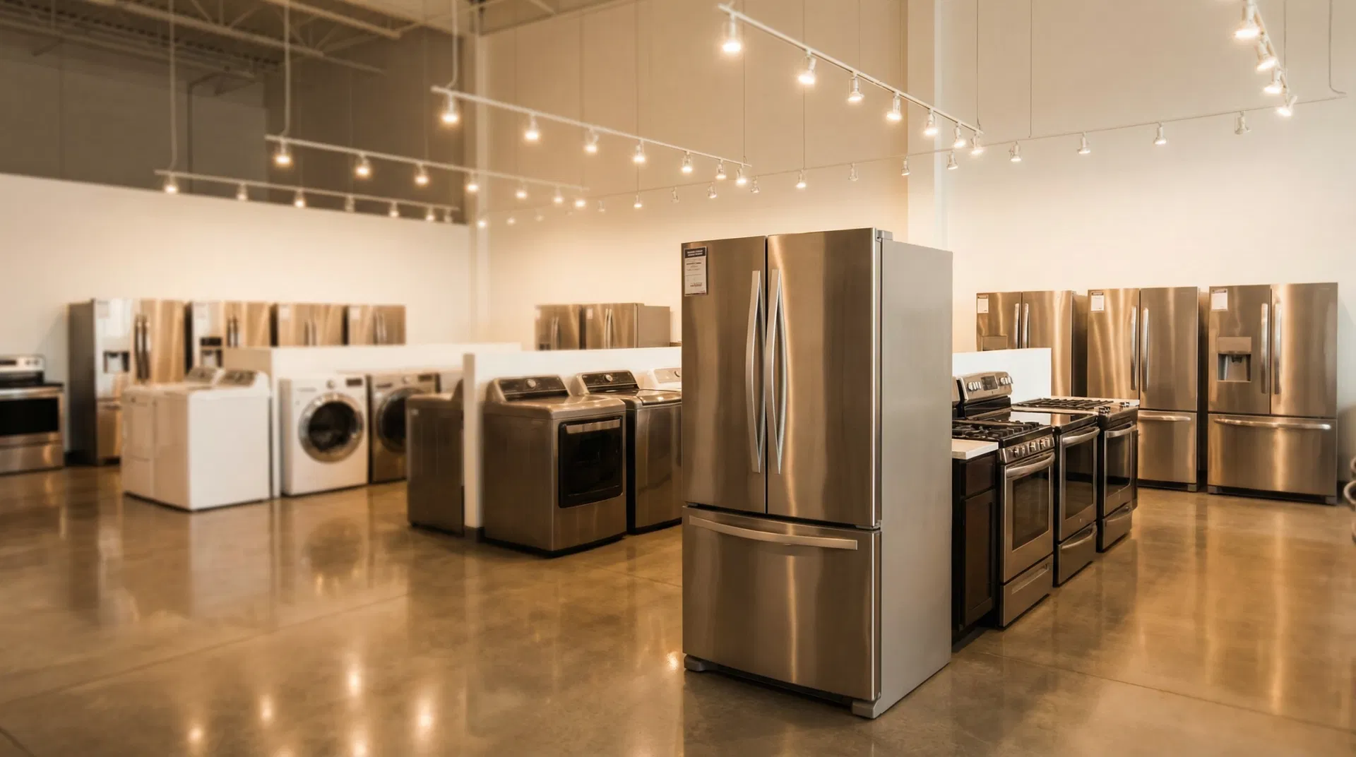 SMS Appliances showroom with refrigerators, washers, dryers, and stoves on display in Calgary, Alberta