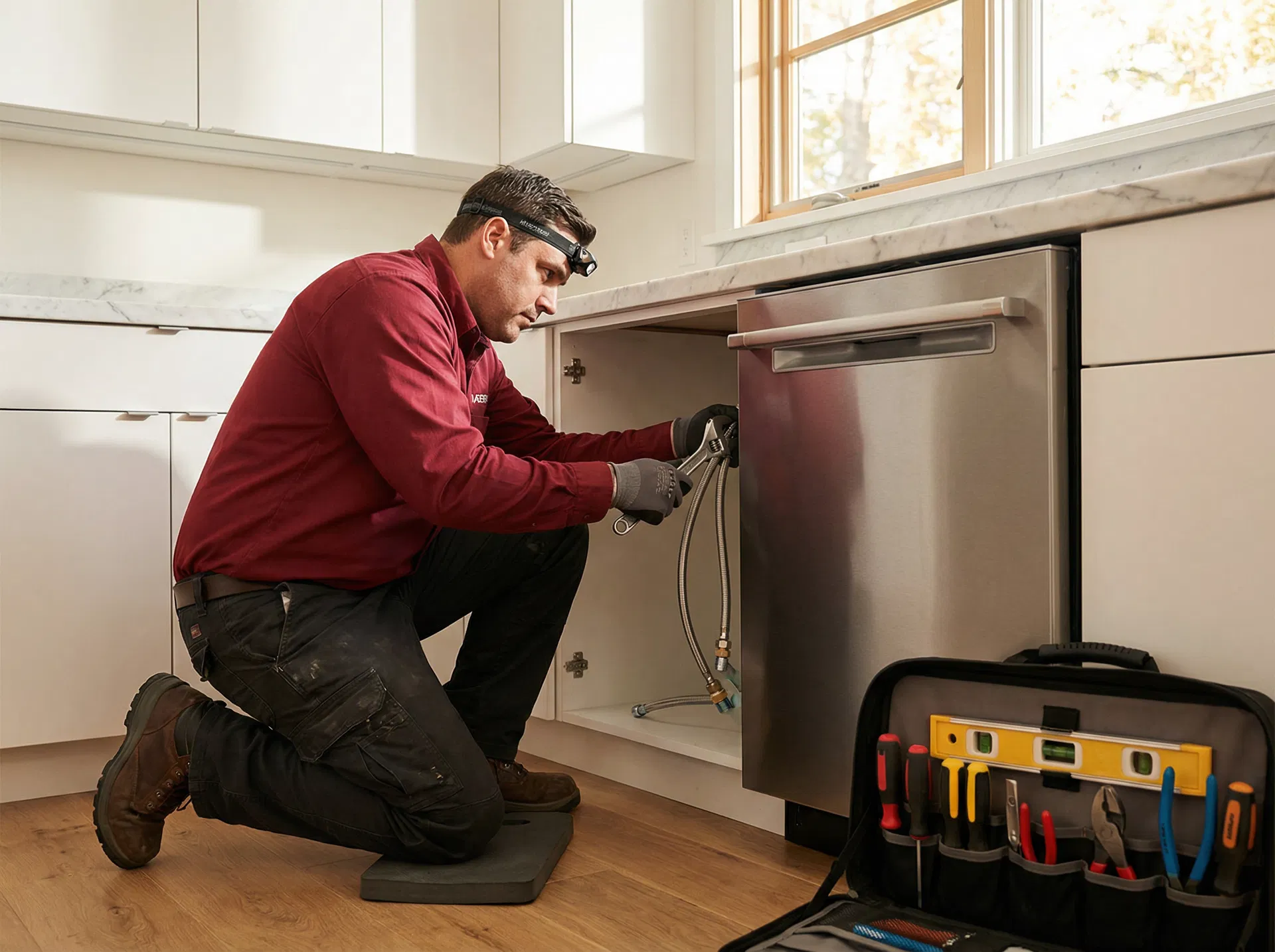 Certified technician installing a dishwasher in a modern kitchen in Saskatoon, Saskatchewan