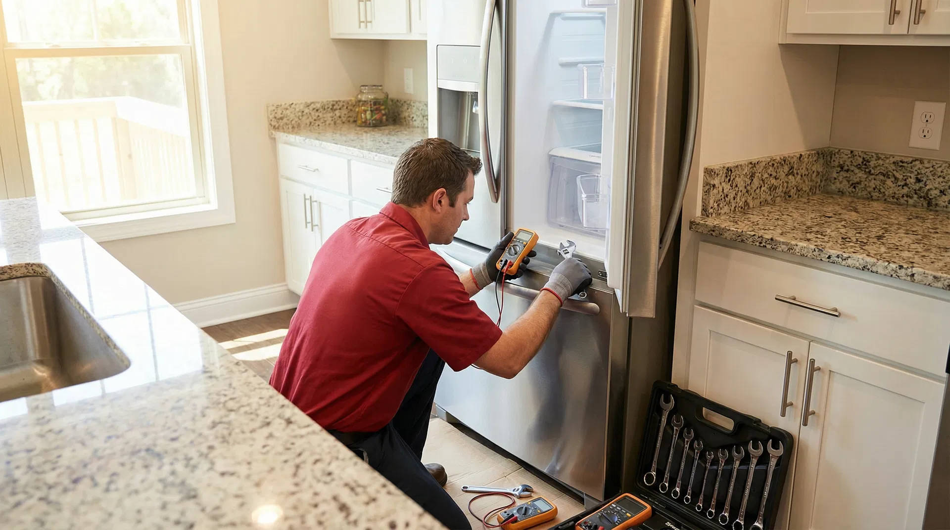 Professional appliance repair technician servicing a refrigerator in Calgary, Alberta