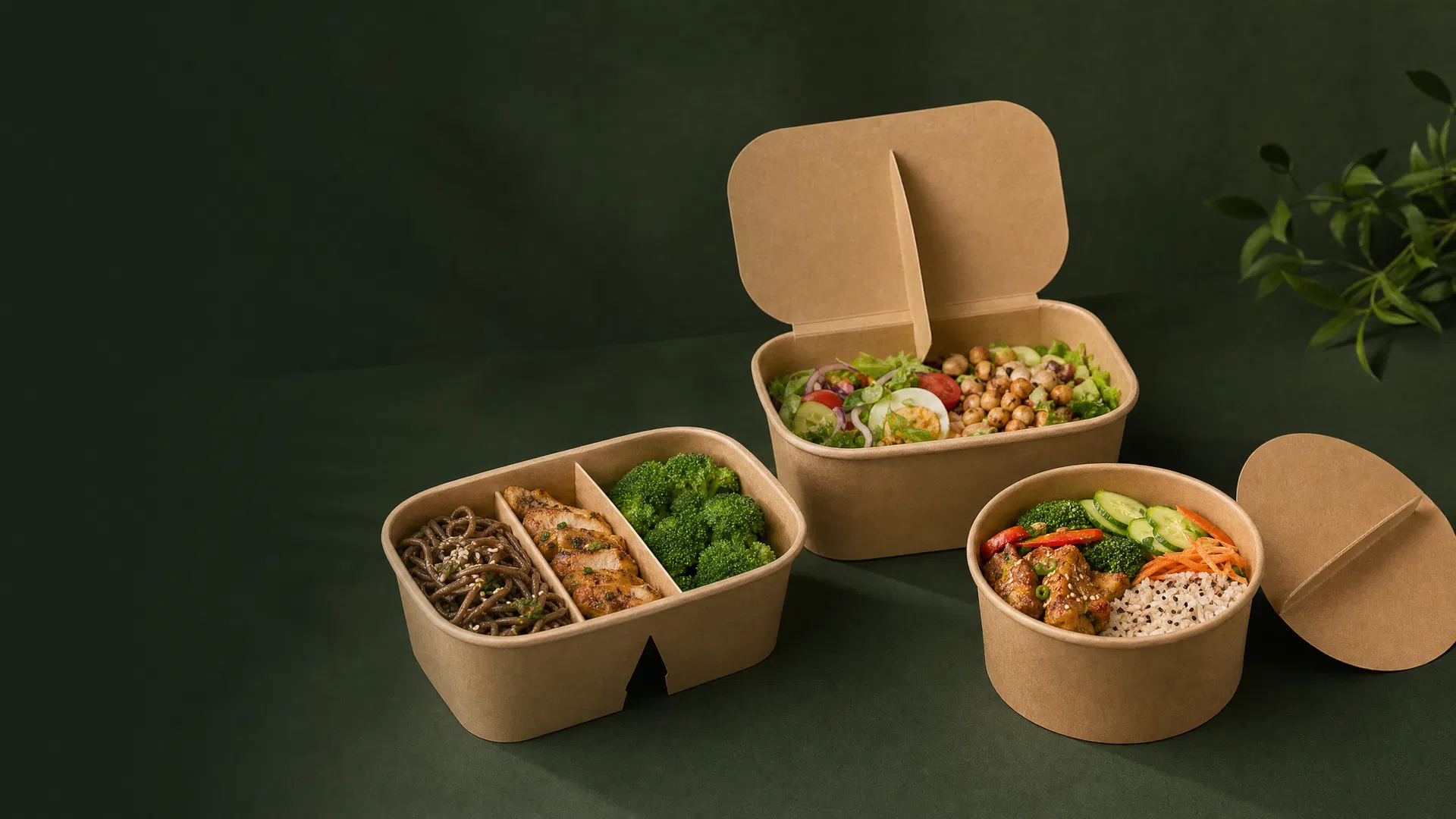 Kraft paper bento boxes wholesale — multi-compartment rectangular box with 3 dividers, square flip-top box, and round bowl with lid, custom printed, PE PLA aqueous coated, bulk order supplier CupsPak