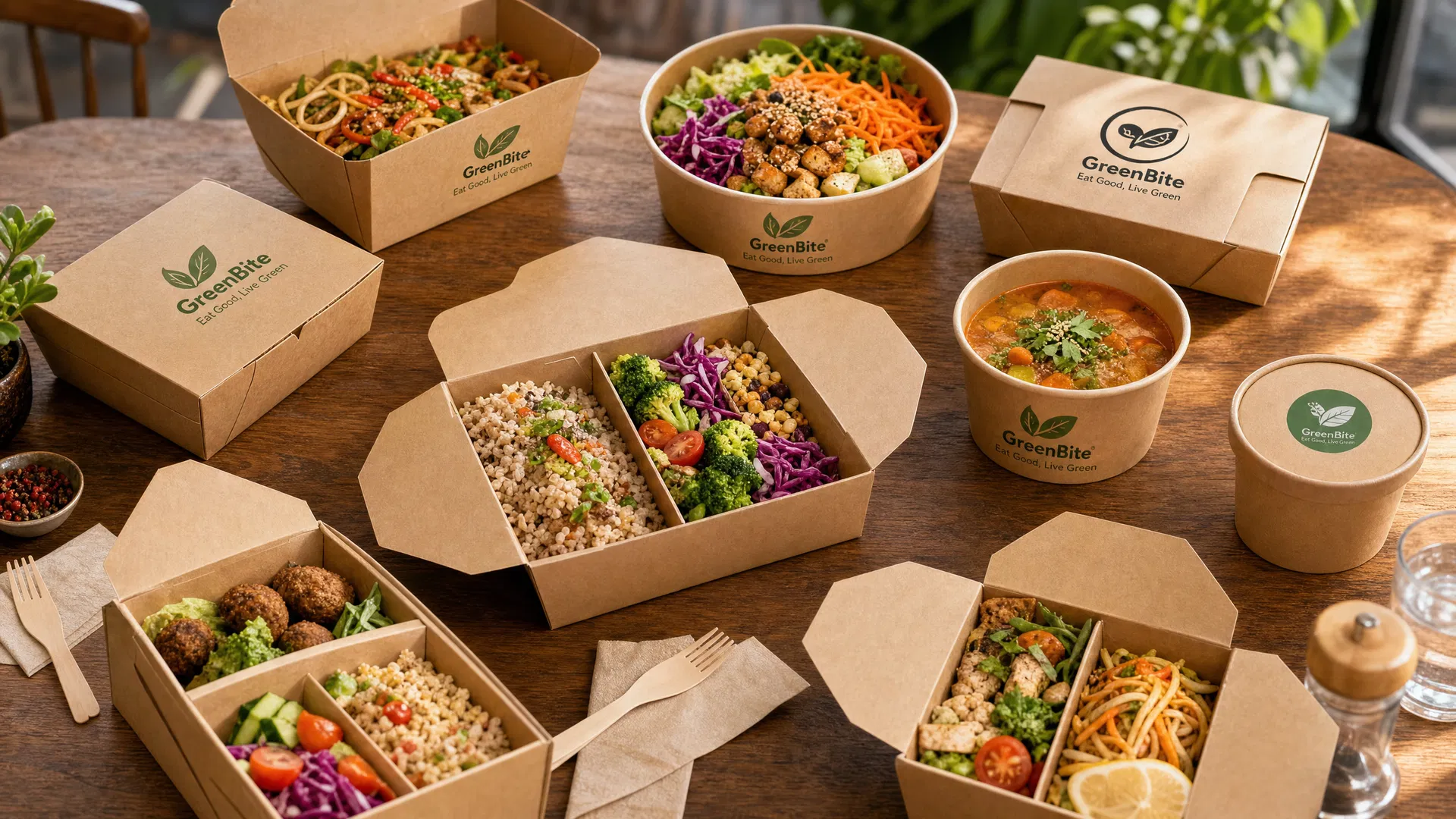 Custom printed kraft paper bento boxes with brand logo — multi-compartment and round bowl formats showing flexographic printing on kraft paperboard for food service brands