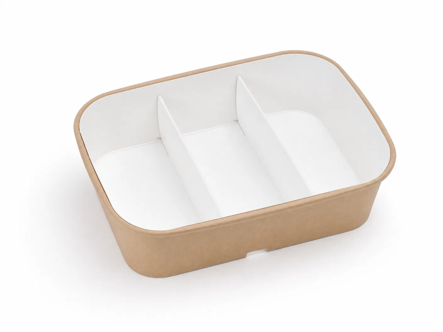 Kraft paper multi-compartment bento box with 3 internal dividers — 700ml to 1000ml, white PE-coated interior, rectangular disposable takeout food container for QSR and meal prep