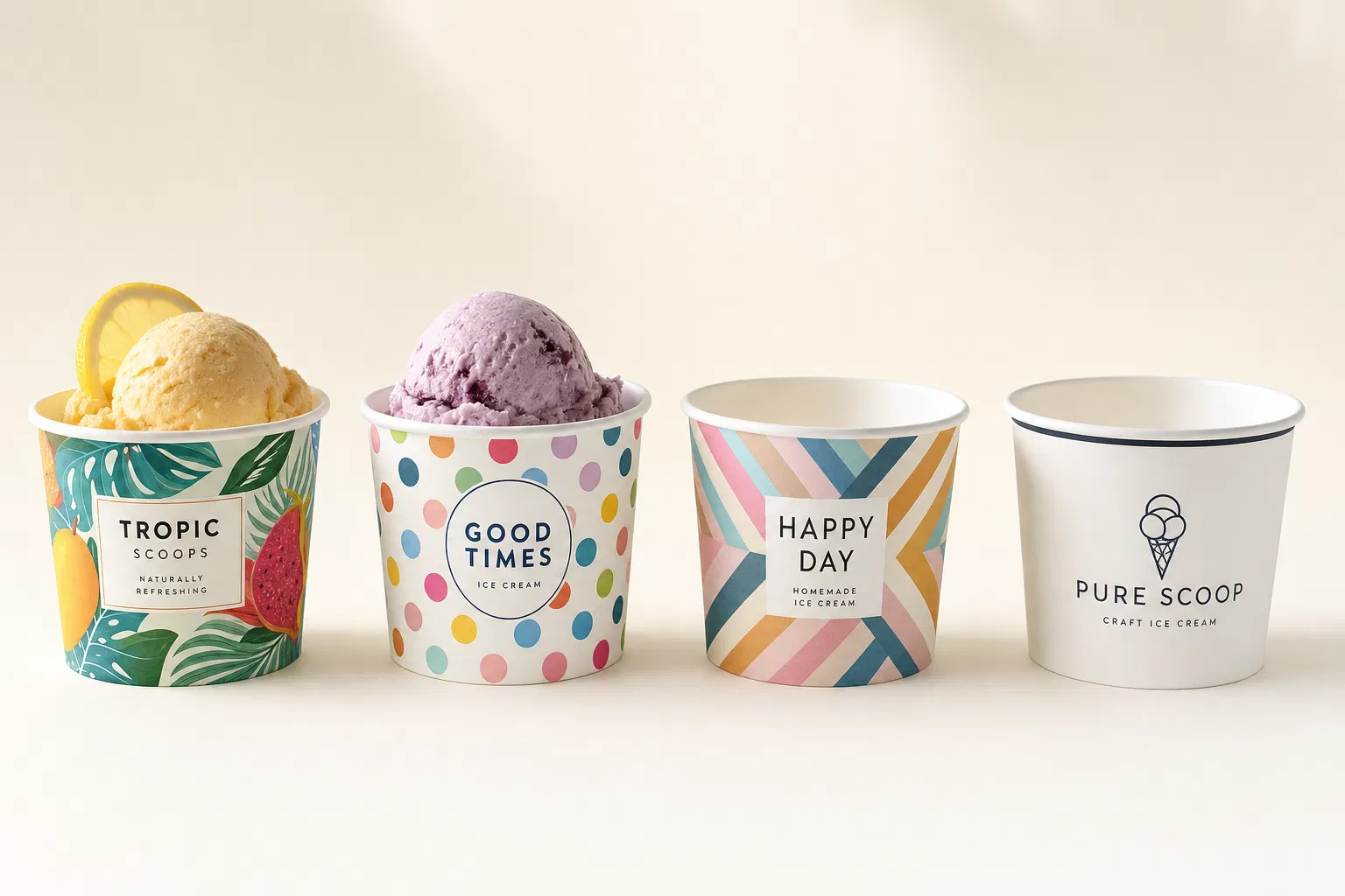 Custom printed paper ice cream cups — up to 7 Pantone colors flexographic printing